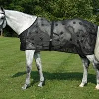 Black mesh horse blanket with white trim, adjustable straps, Benefab Magnetic/Therapeutic