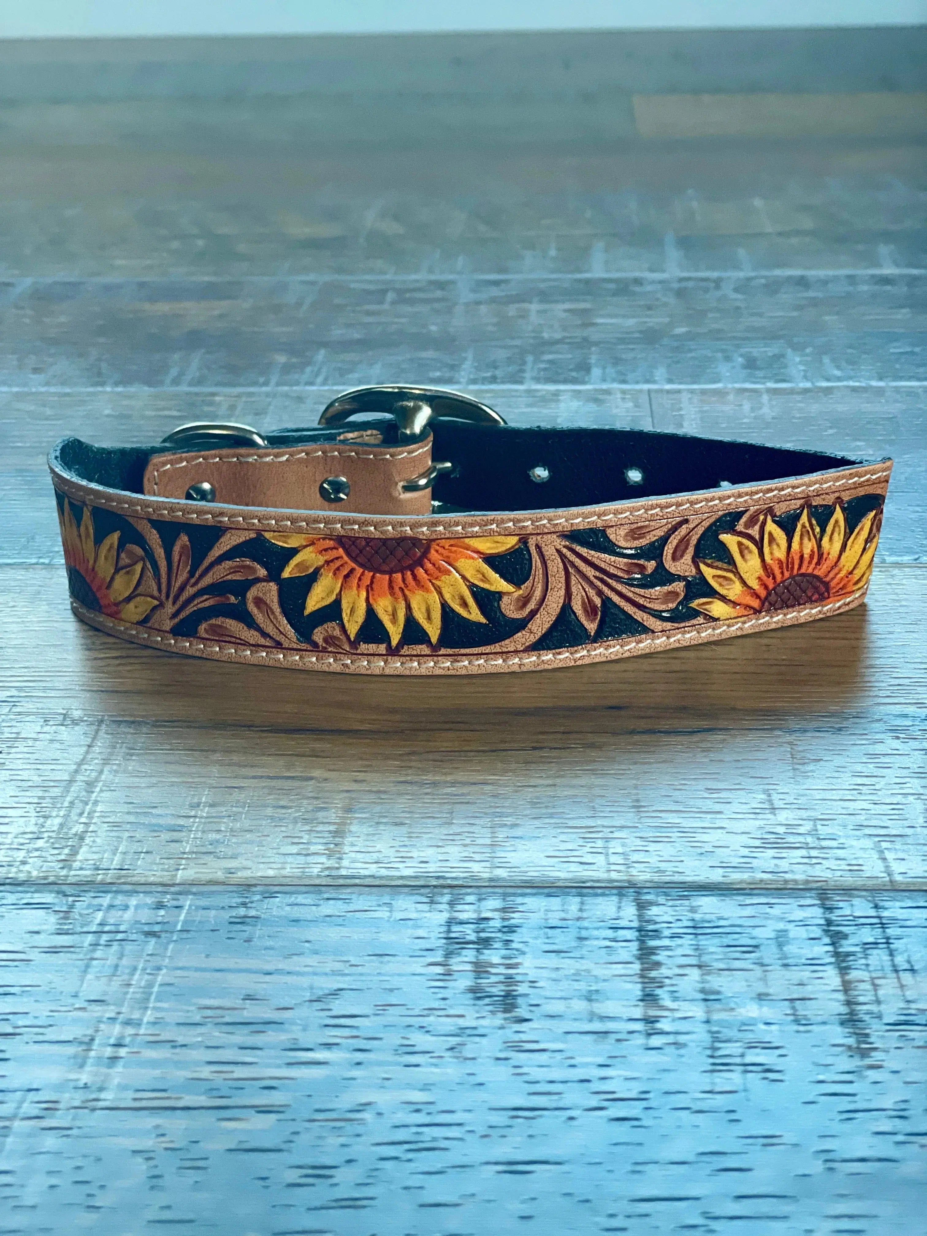YELLOW SUNFLOWER HAND-TOOLED PADDED LEATHER DOG COLLAR Dog