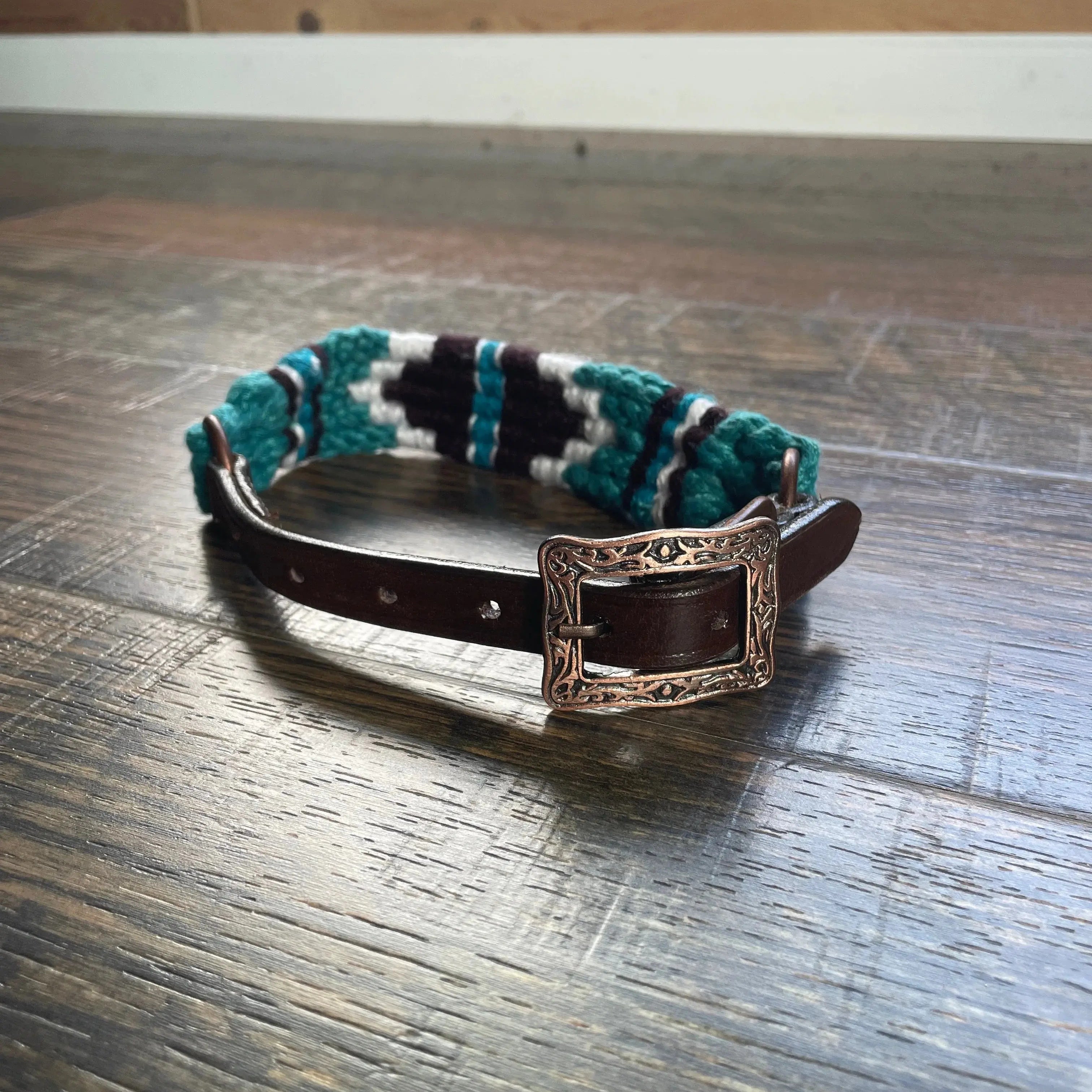 Corded Leather Dog Collar - Teal/White Dog