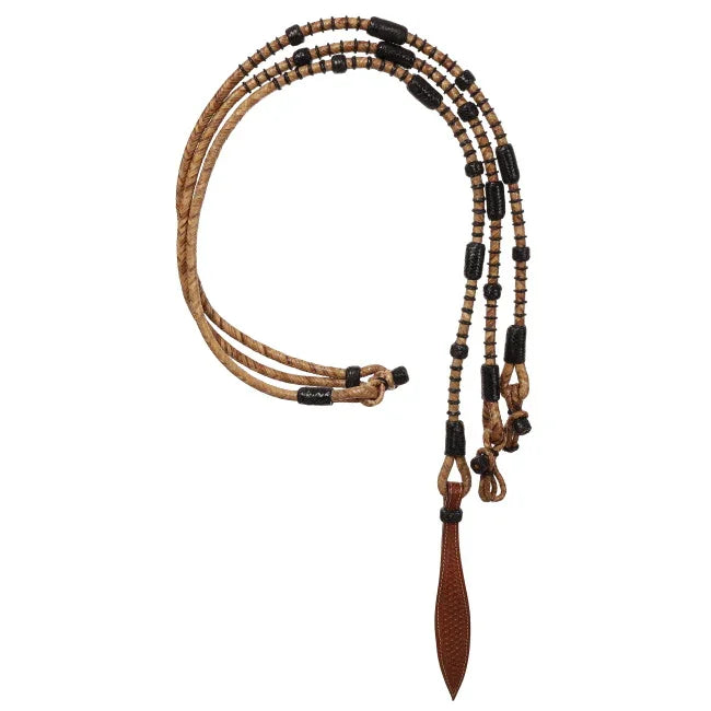 Brown leather lariat in Romal Reins with Black Rawhide, braided rope, black beads
