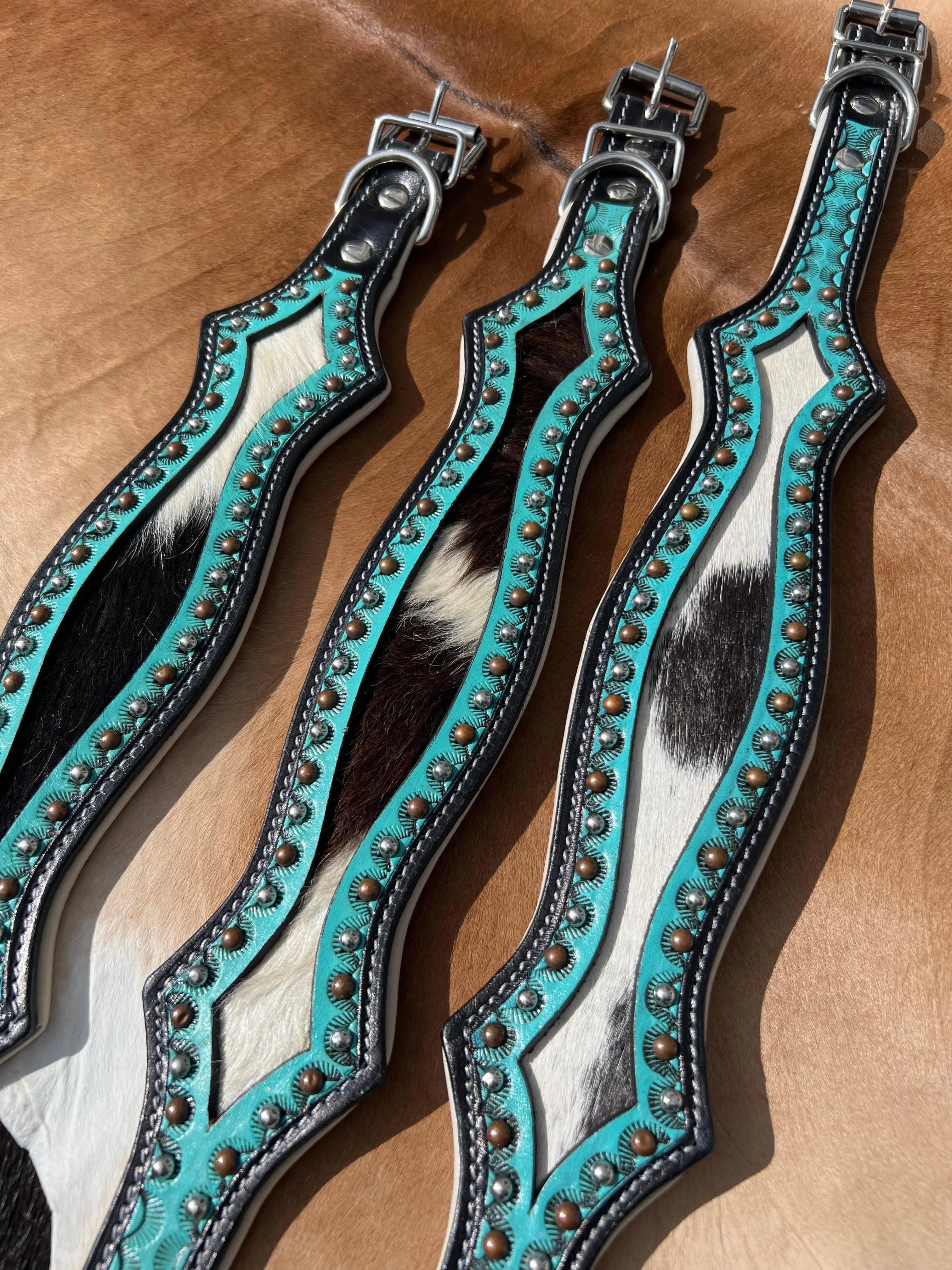 Western Hair On Cowhide Scalloped Turquoise Dog Collar Dog