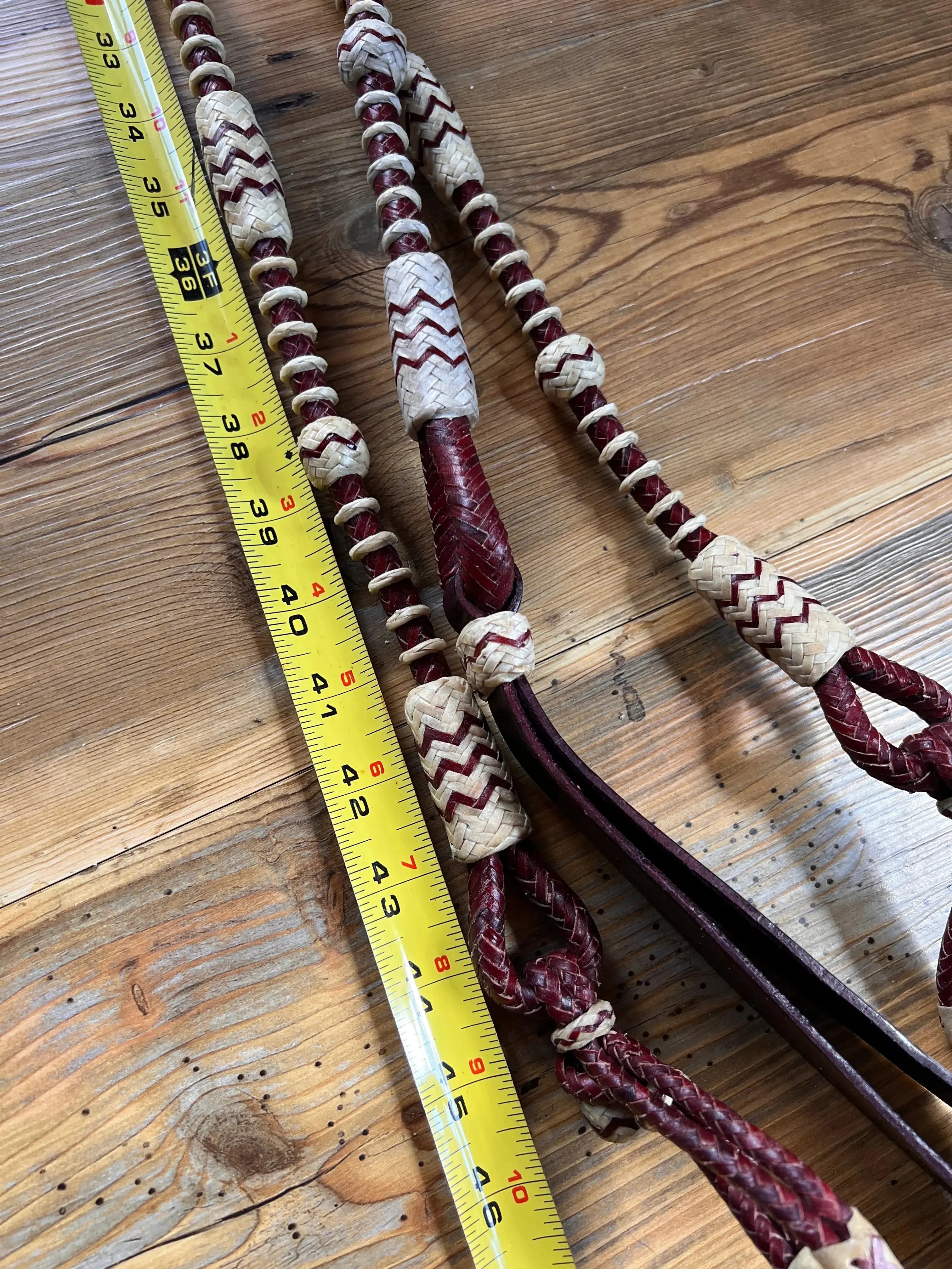 20 Plaits Romal Reins California Style, Romal Reins Chestnut Cherry Rawhide, 55" With Reins Connectors