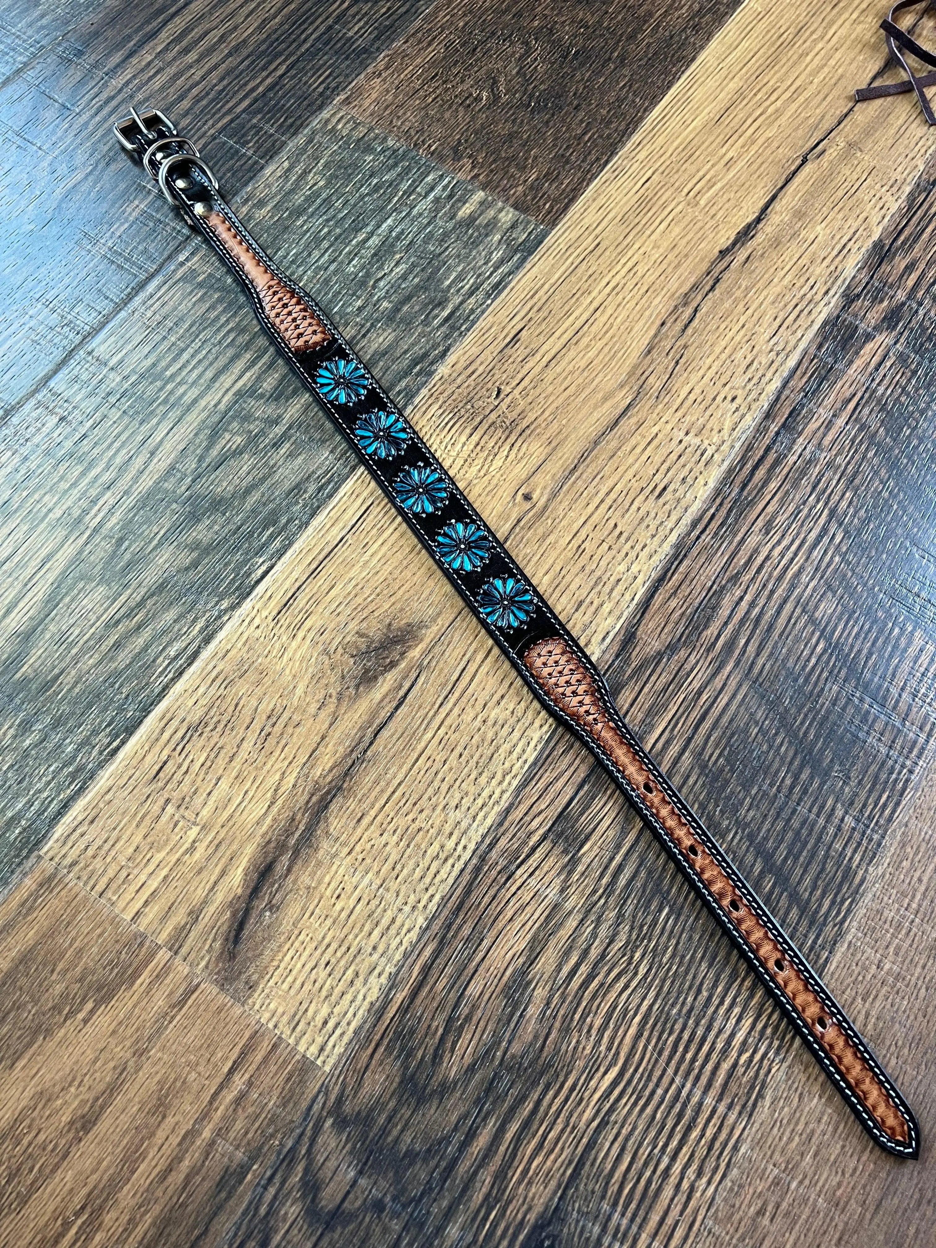 Leather Tooled Dog Collar with Squashblossoms Dog