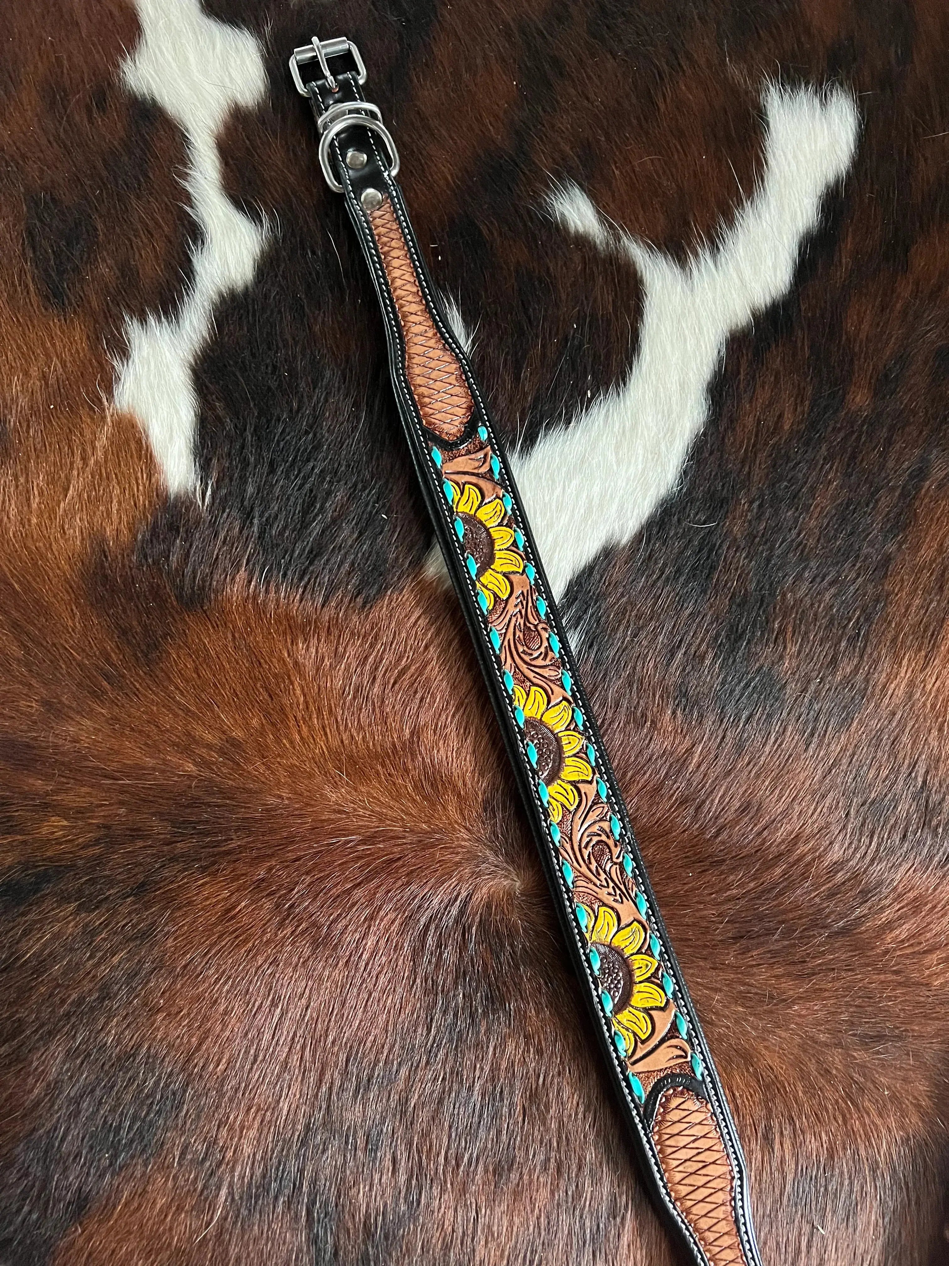 Handcrafted Padded Leather Tooled Sunny Dog Collar Sunflower with Teal Stitching Dog
