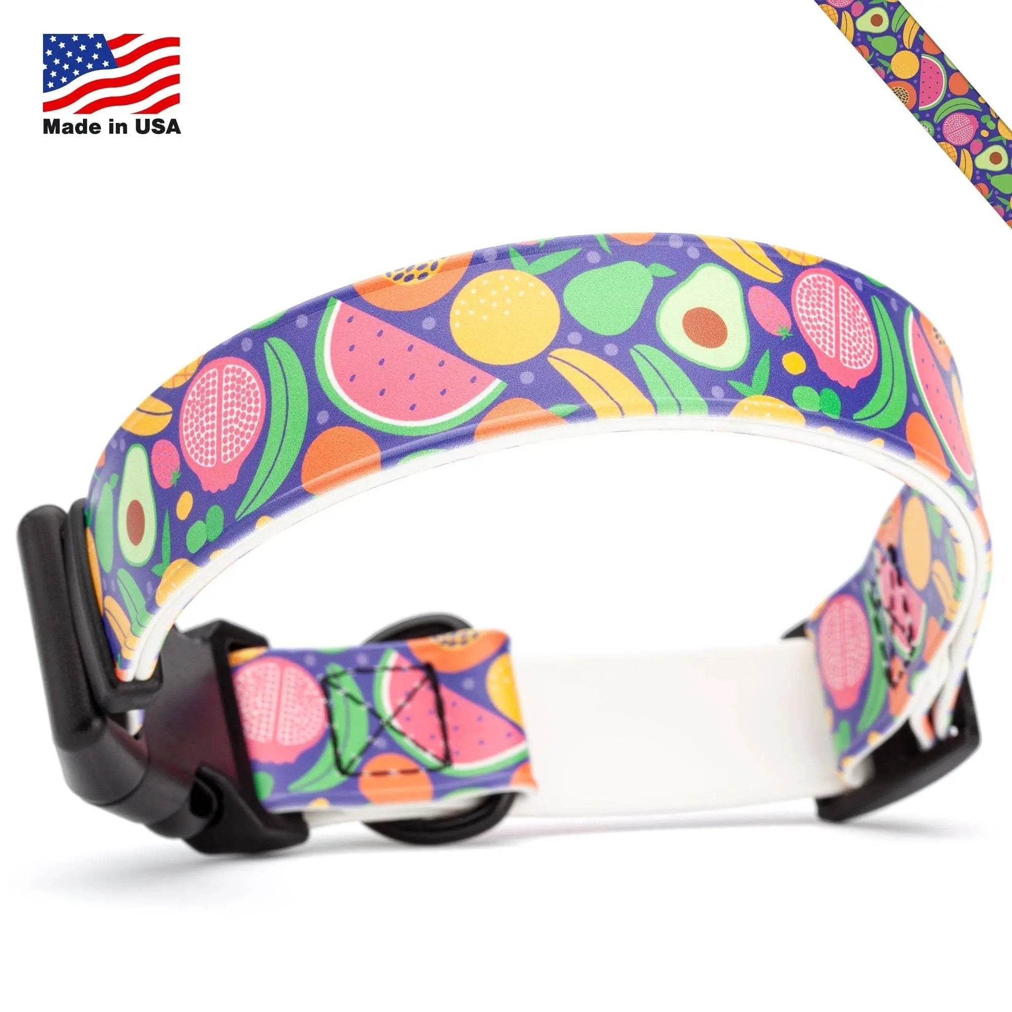 Dogline Biothane purple fruit print dog collar with quick release buckle