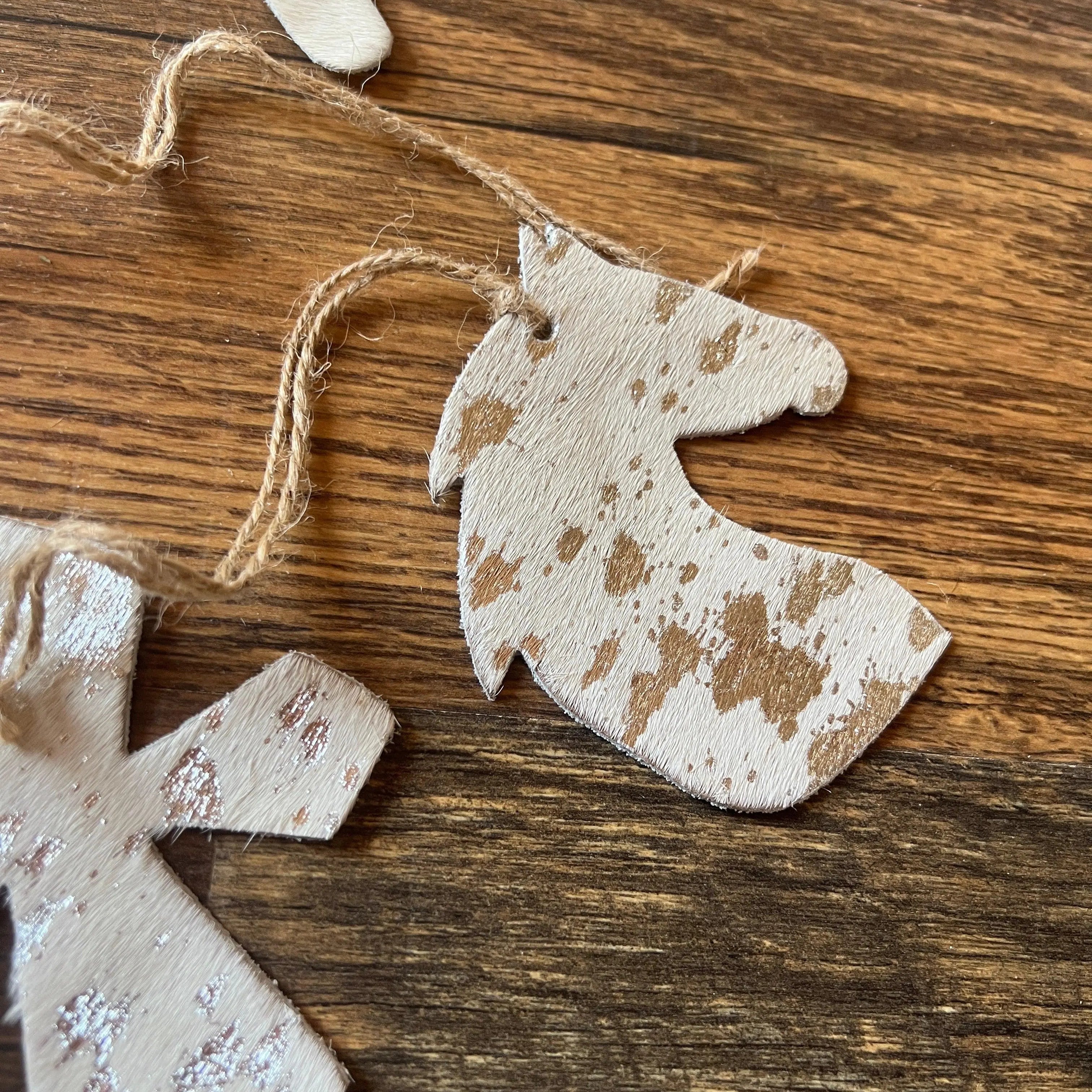 Silver/BROWN ACID WASH Leather Cowhide Christmas Ornament