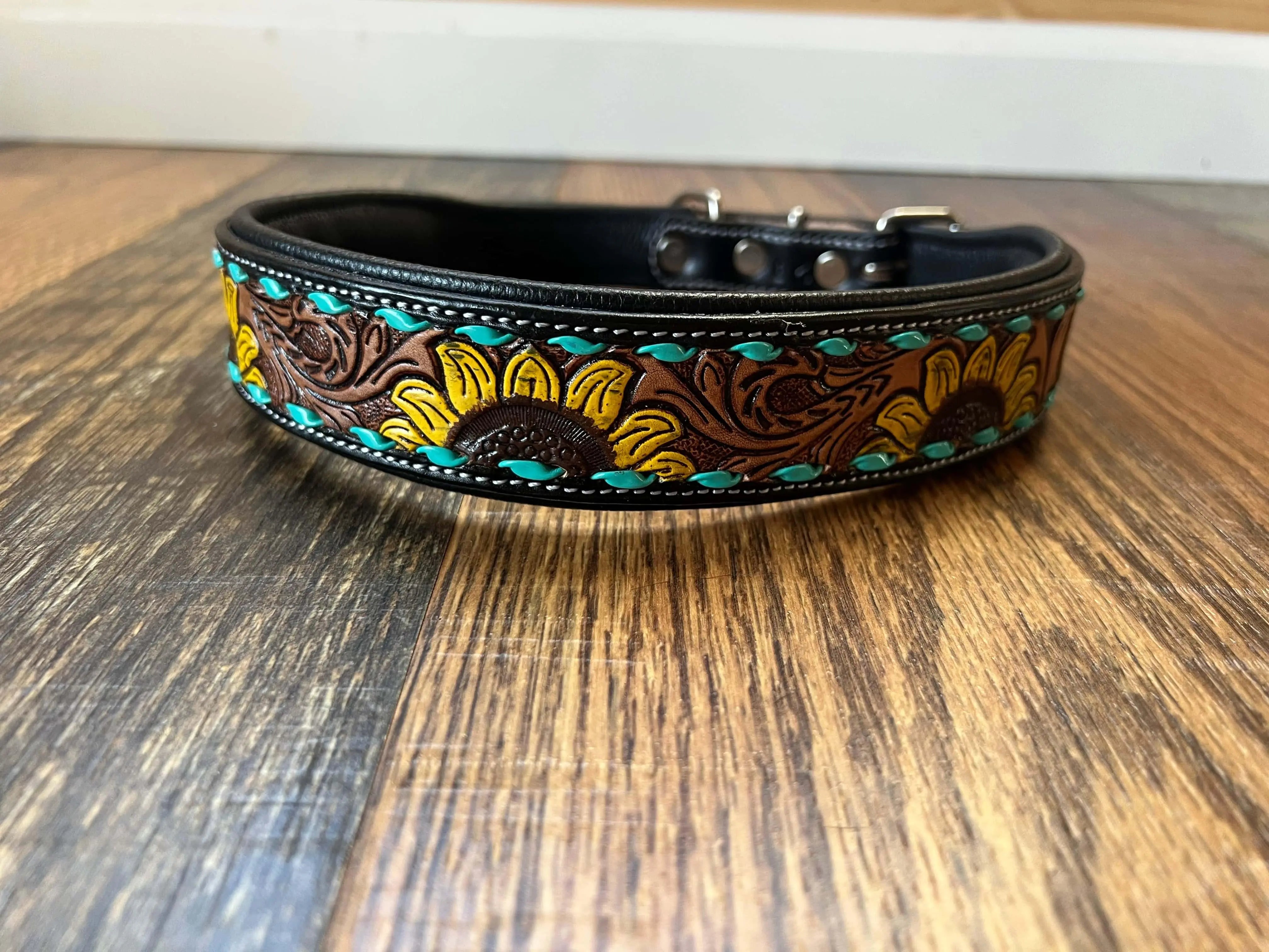 Handcrafted Padded Leather Tooled Sunny Dog Collar Sunflower with Teal Stitching Dog