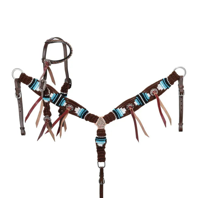 Brown leather horse halter with turquoise beaded accents in Teal Hollow pony set