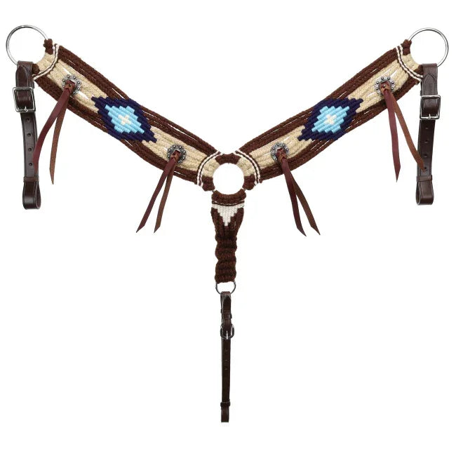 Brown and cream beaded High Desert Mohair horse halter with blue diamonds