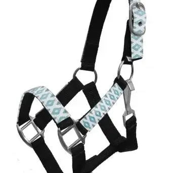 PONY Halter with brown and teal Navajo diamond print overlay Horse