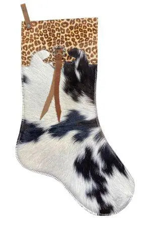 Black and white cowhide Christmas stocking with cheetah cuff