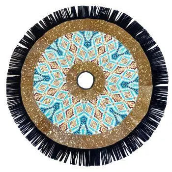 Cowhide Leather Christmas Tree Skirt - Acid Wash/Aztec Inlay People
