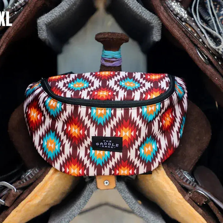 The Saddle Sack fanny pack with vibrant geometric tribal pattern