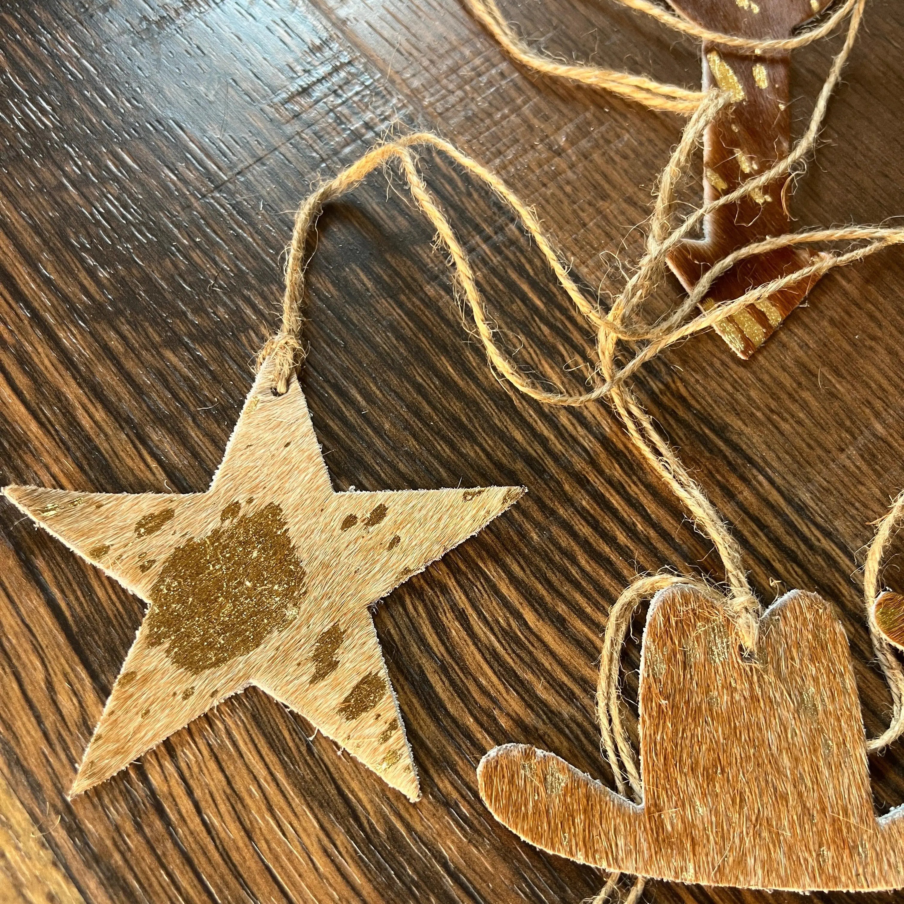 Brown/Gold Cowhide Leather Christmas Ornament- Sold Individually