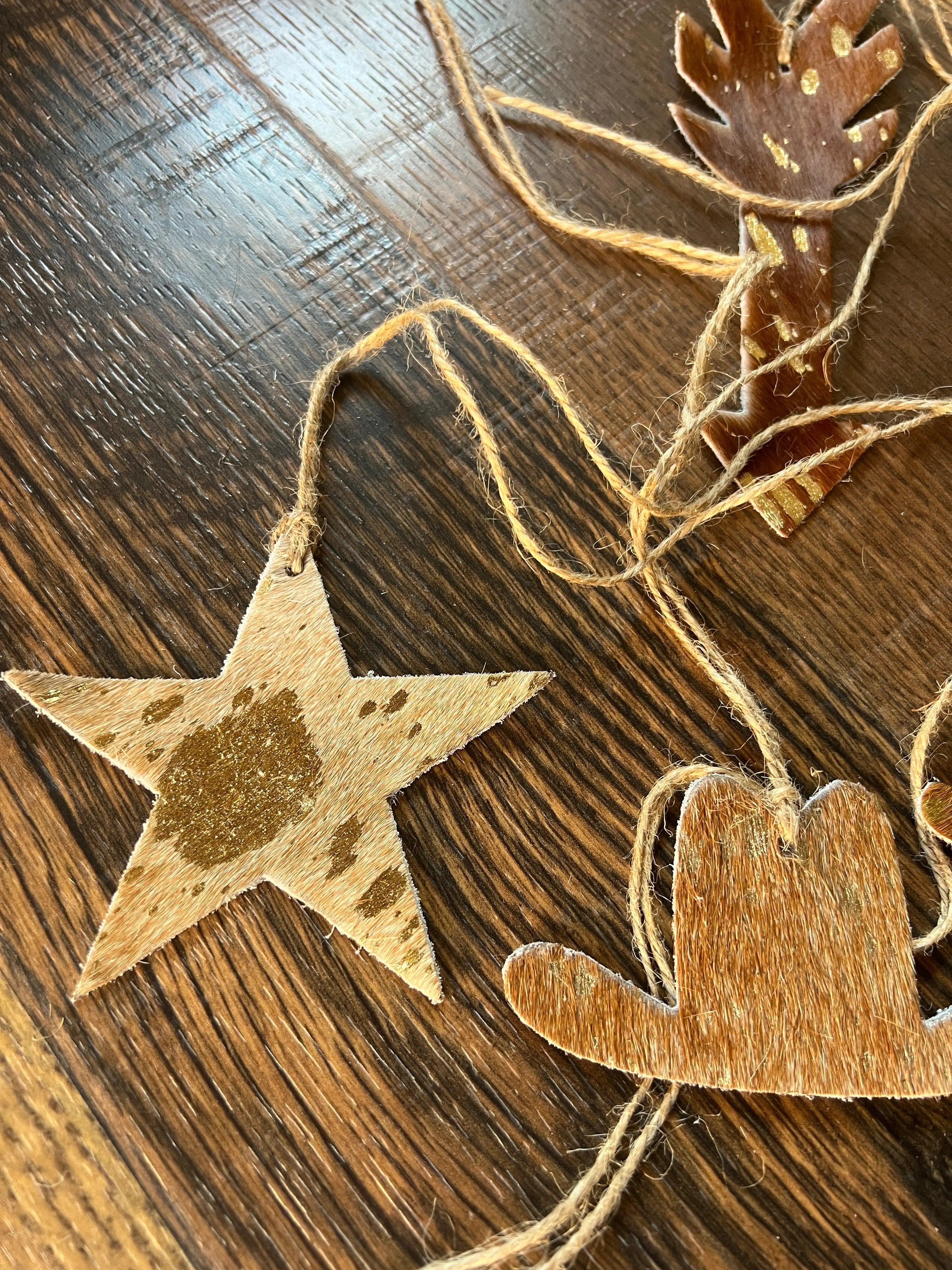 Brown/Gold Cowhide Leather Christmas Ornament- Sold Individually