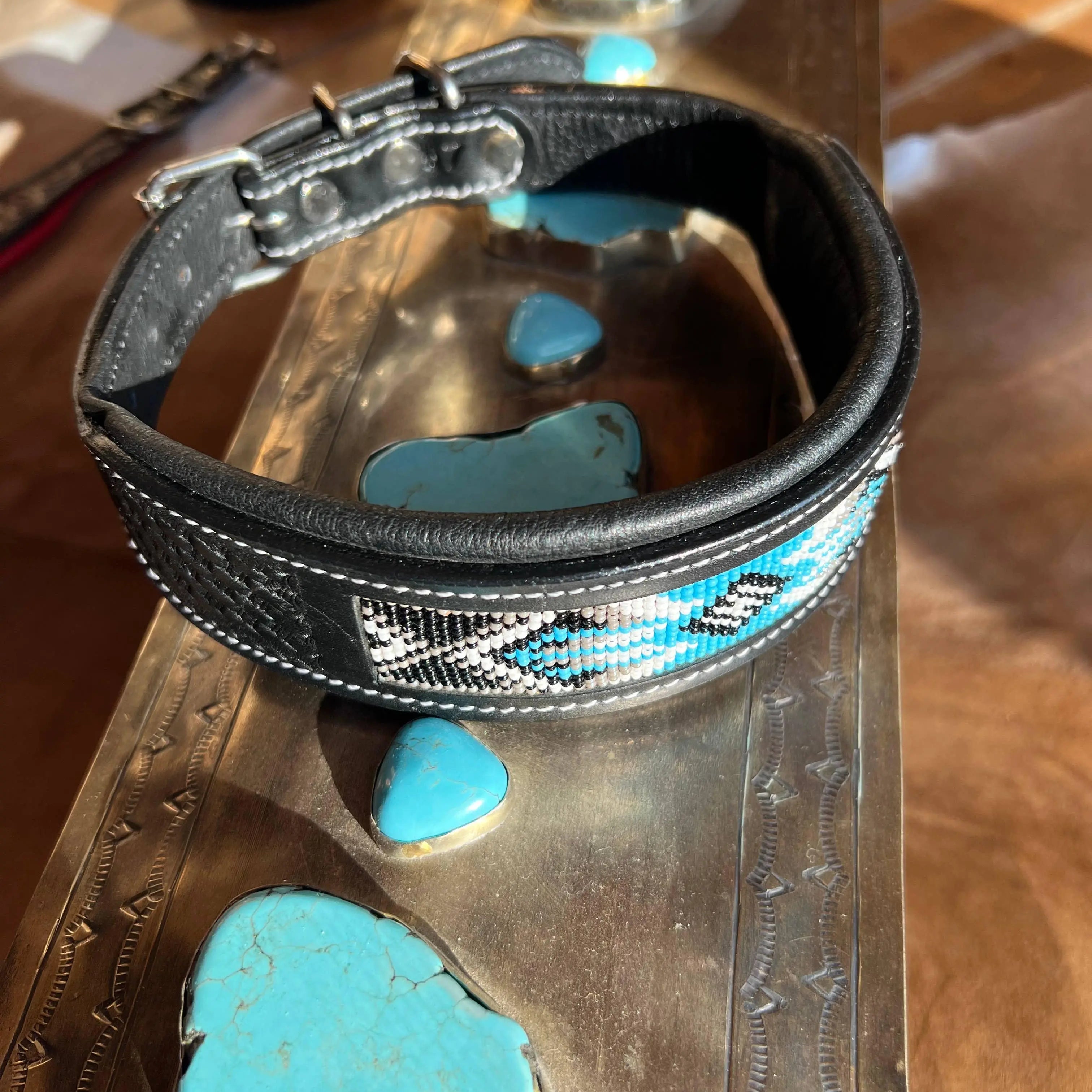 Black Basket Weave Stamped Western Leather Padded Dog Collar Dog