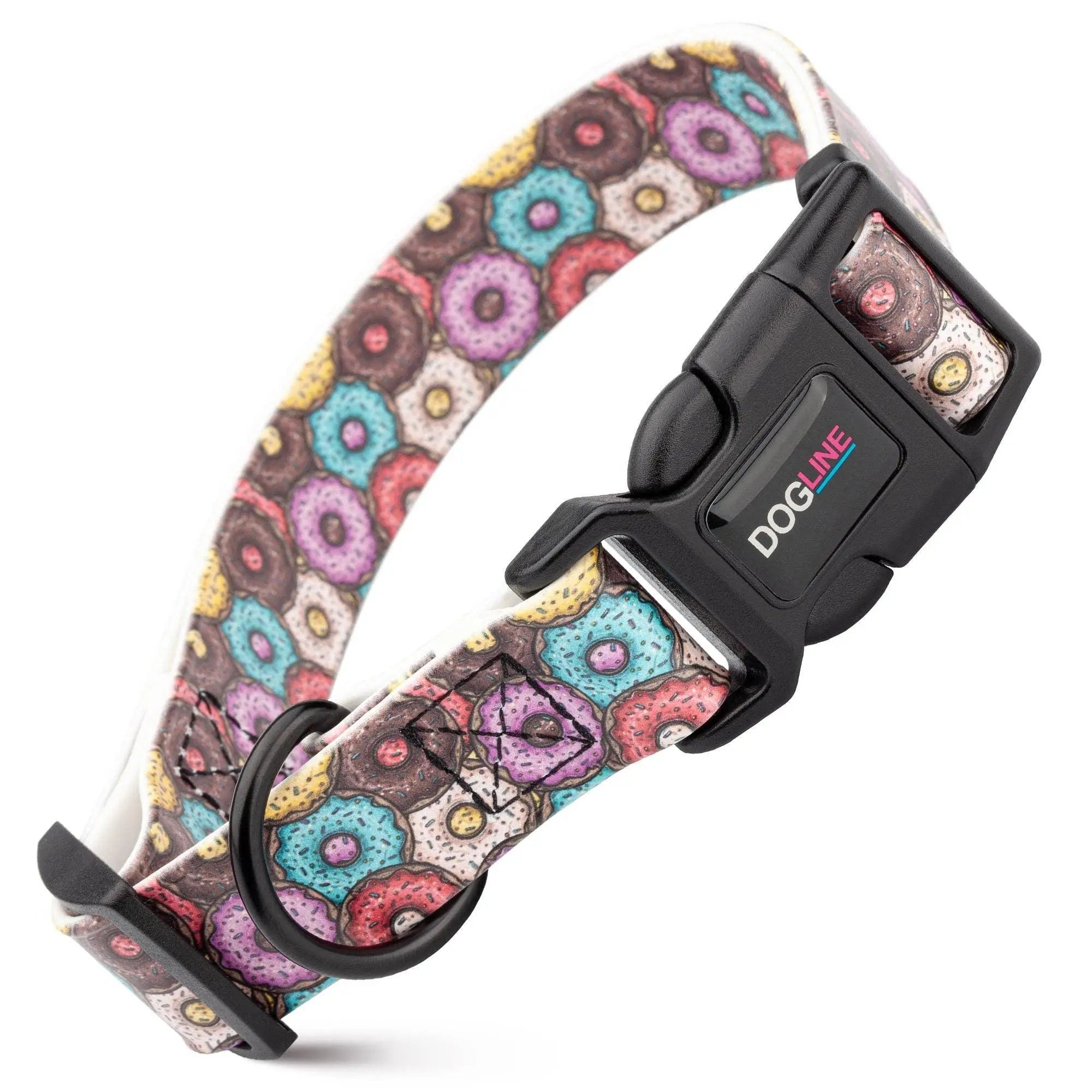 Dogline Biothane printed dog collar in colorful donut pattern with quick release buckle
