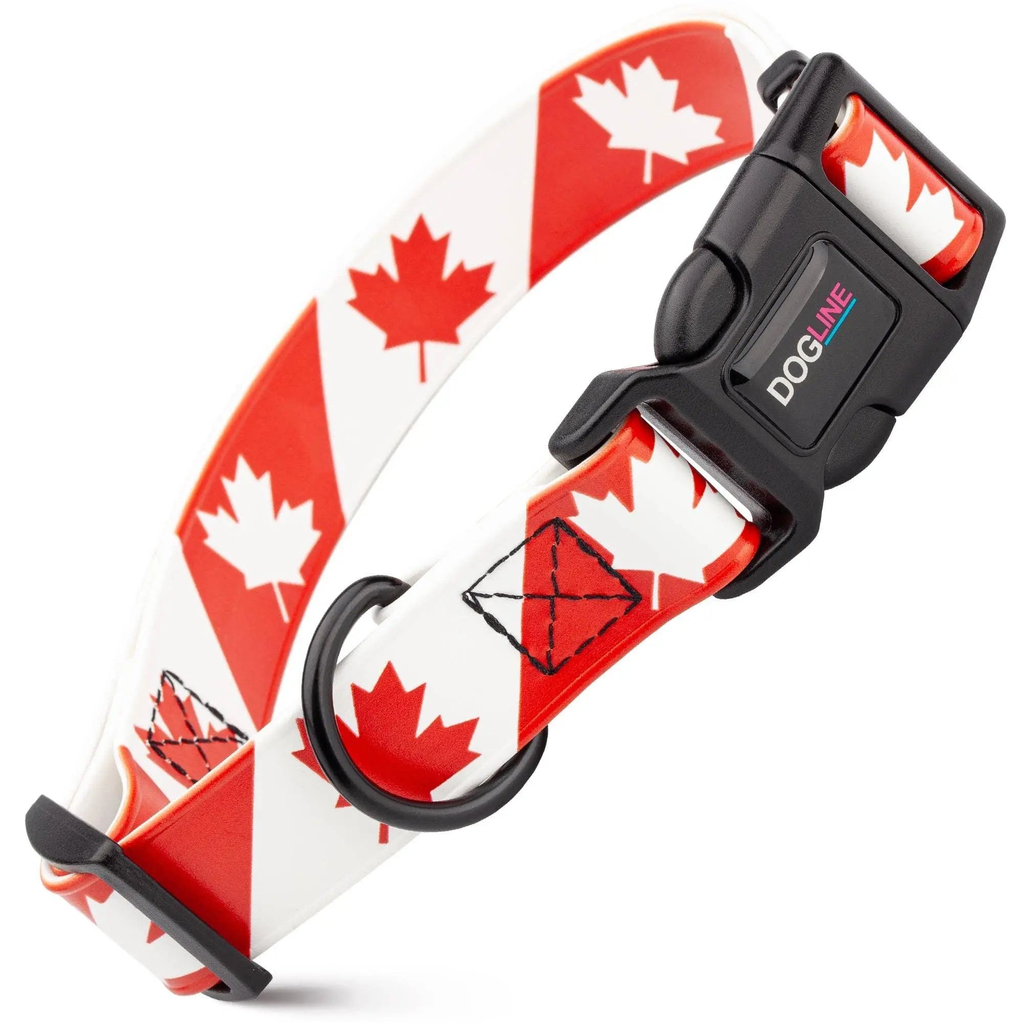 Dogline Biothane red white Canadian flag printed collar back view