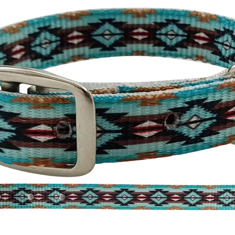 Teal Brown Southwest designed nylon dog collar. KP Pet Supply