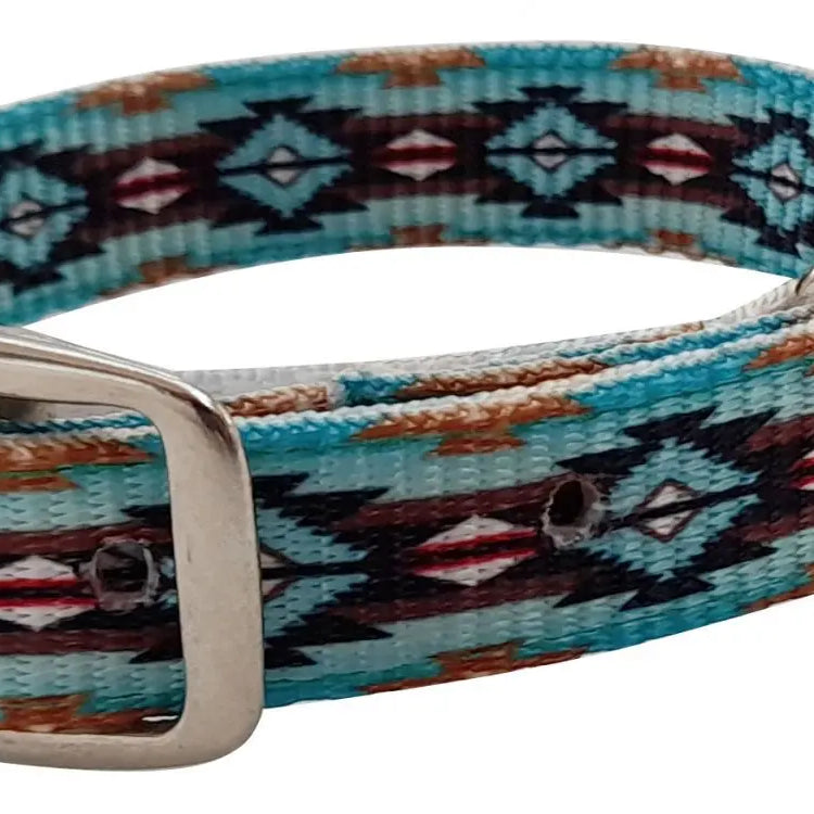 Teal Brown Southwest designed nylon dog collar. KP Pet Supply
