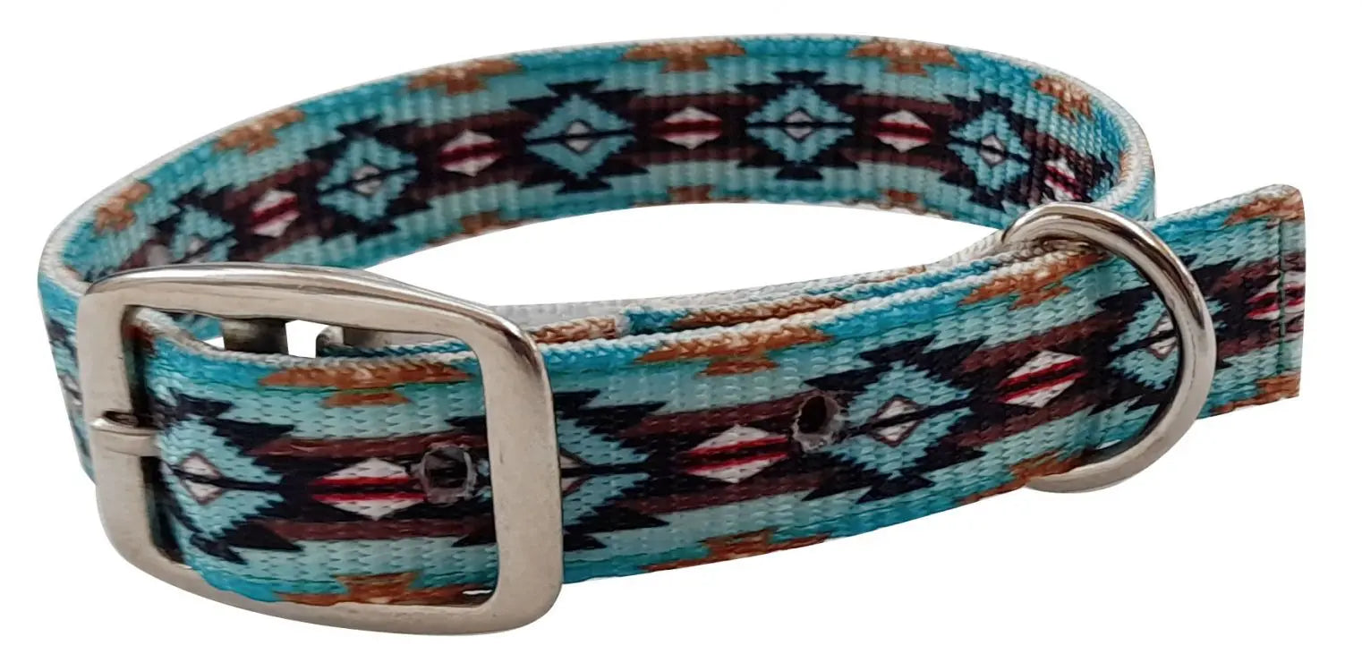 Teal Brown Southwest designed nylon dog collar. KP Pet Supply