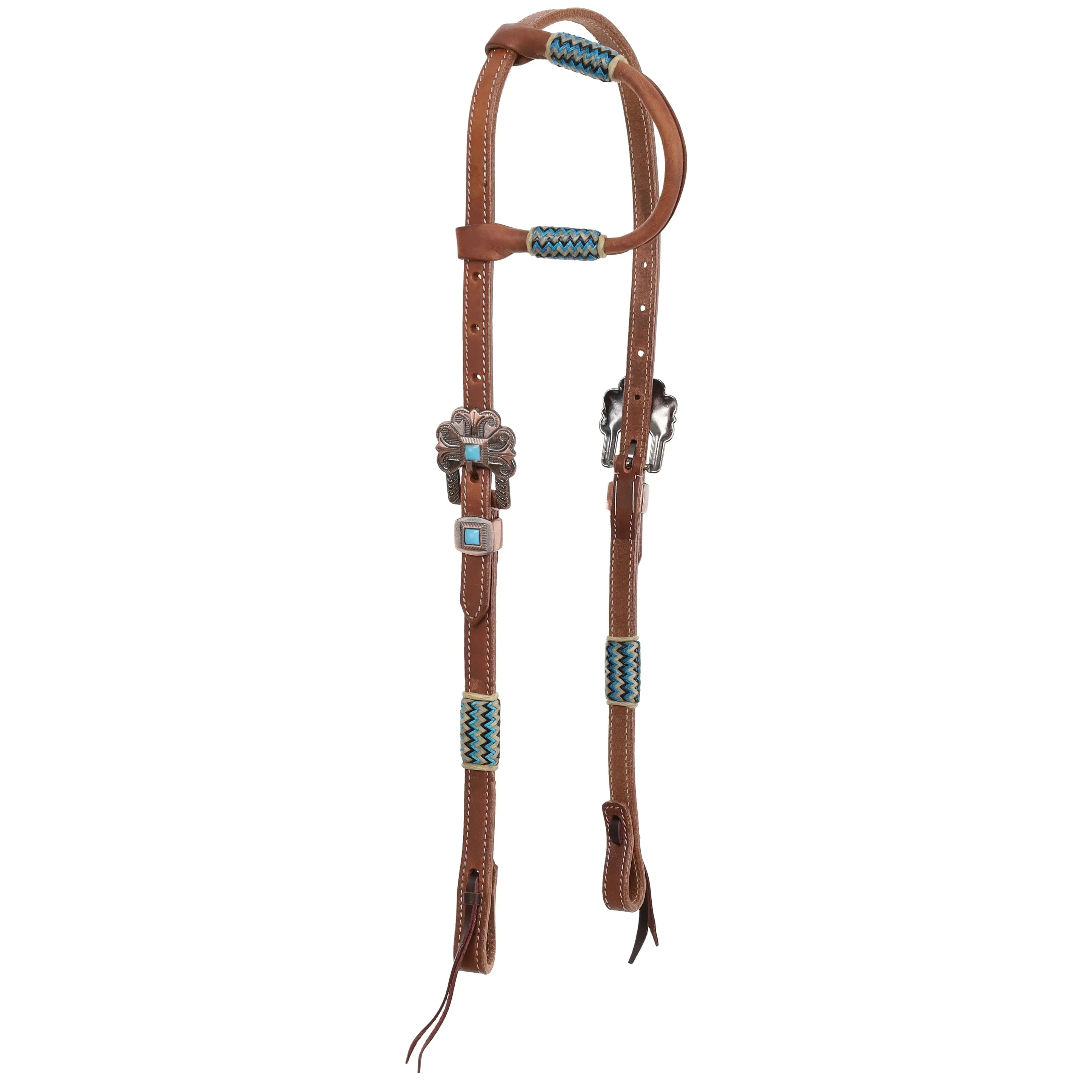 Argentina cow leather cobalt rawhide one ear headstall with turquoise beads