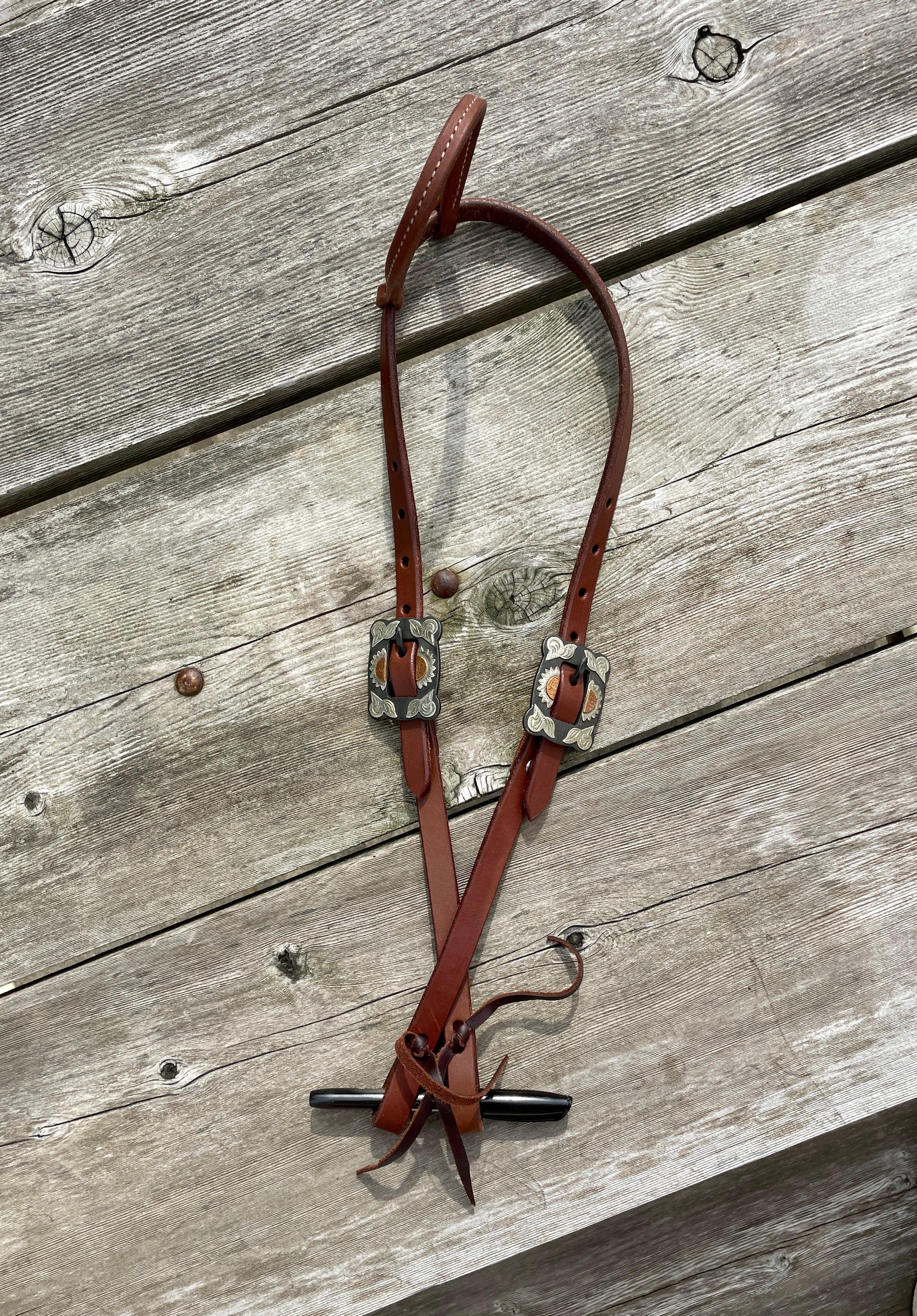 Oiled Harness Single Ear Headstall With Antique Sunflower Buckle Horse