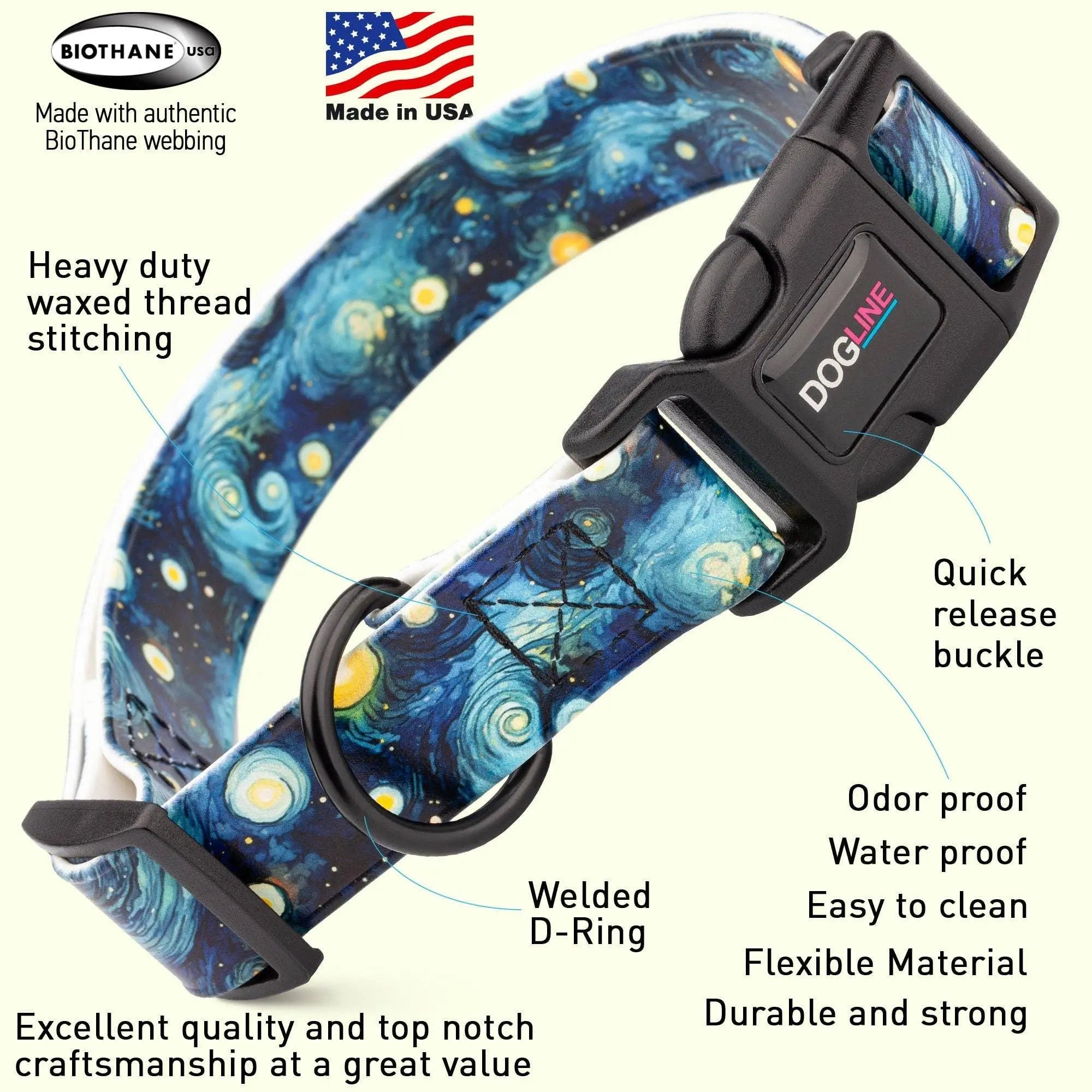 Dogline Biothane dog collar in blue yellow starry night pattern