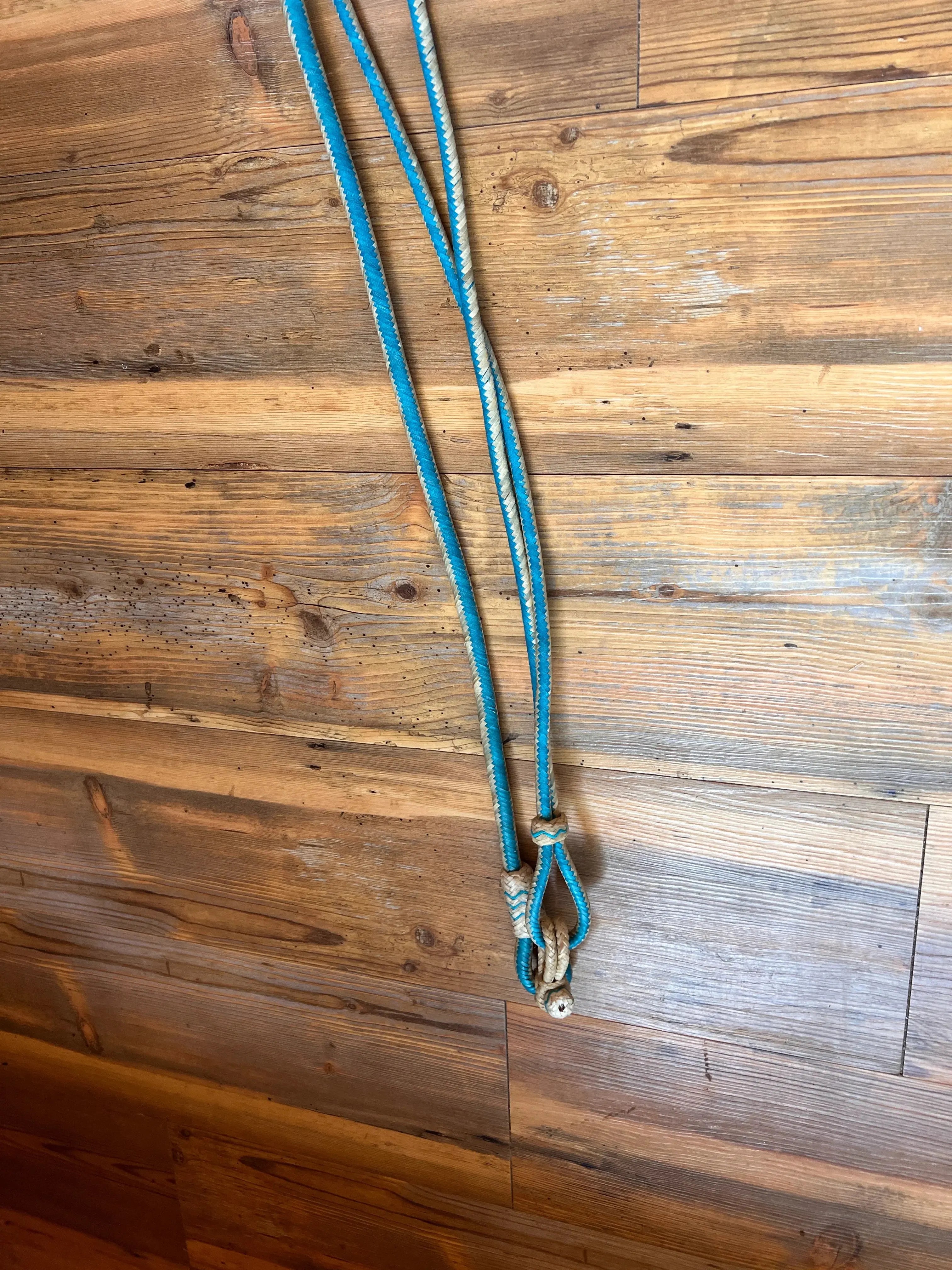 Romal Reins Natural and Turquoise Rawhide 20 Plaits Romal Reins close up