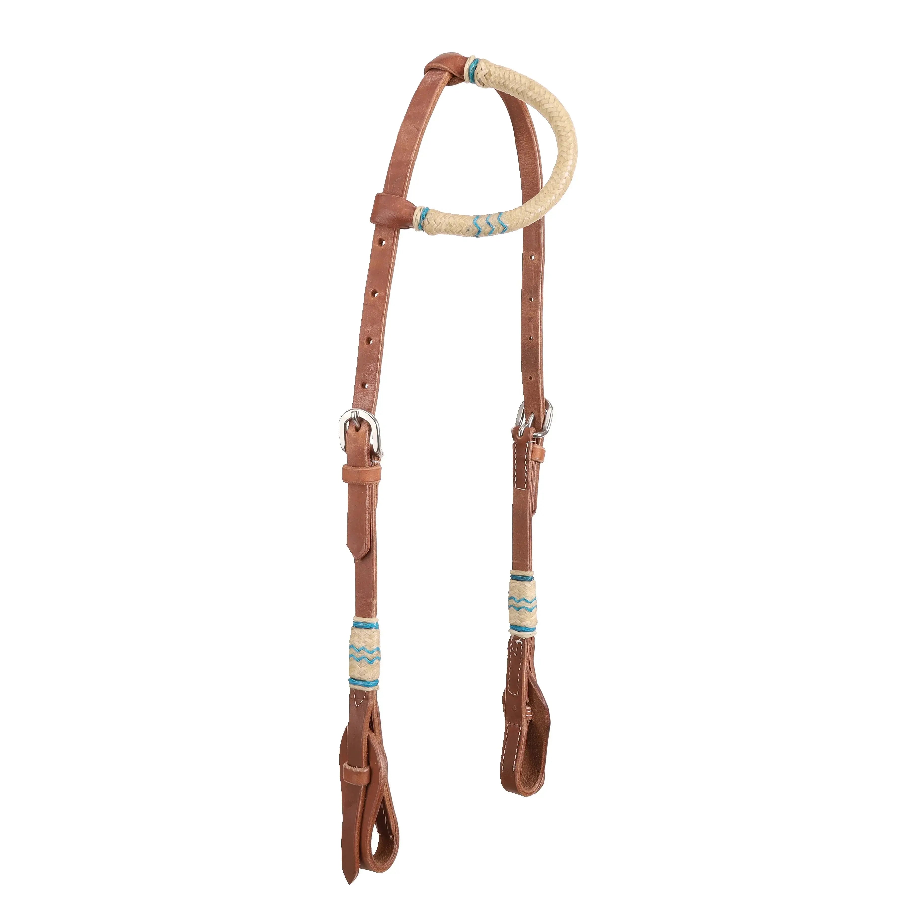 Argentina cow leather one ear headstall with white teal rawhide
