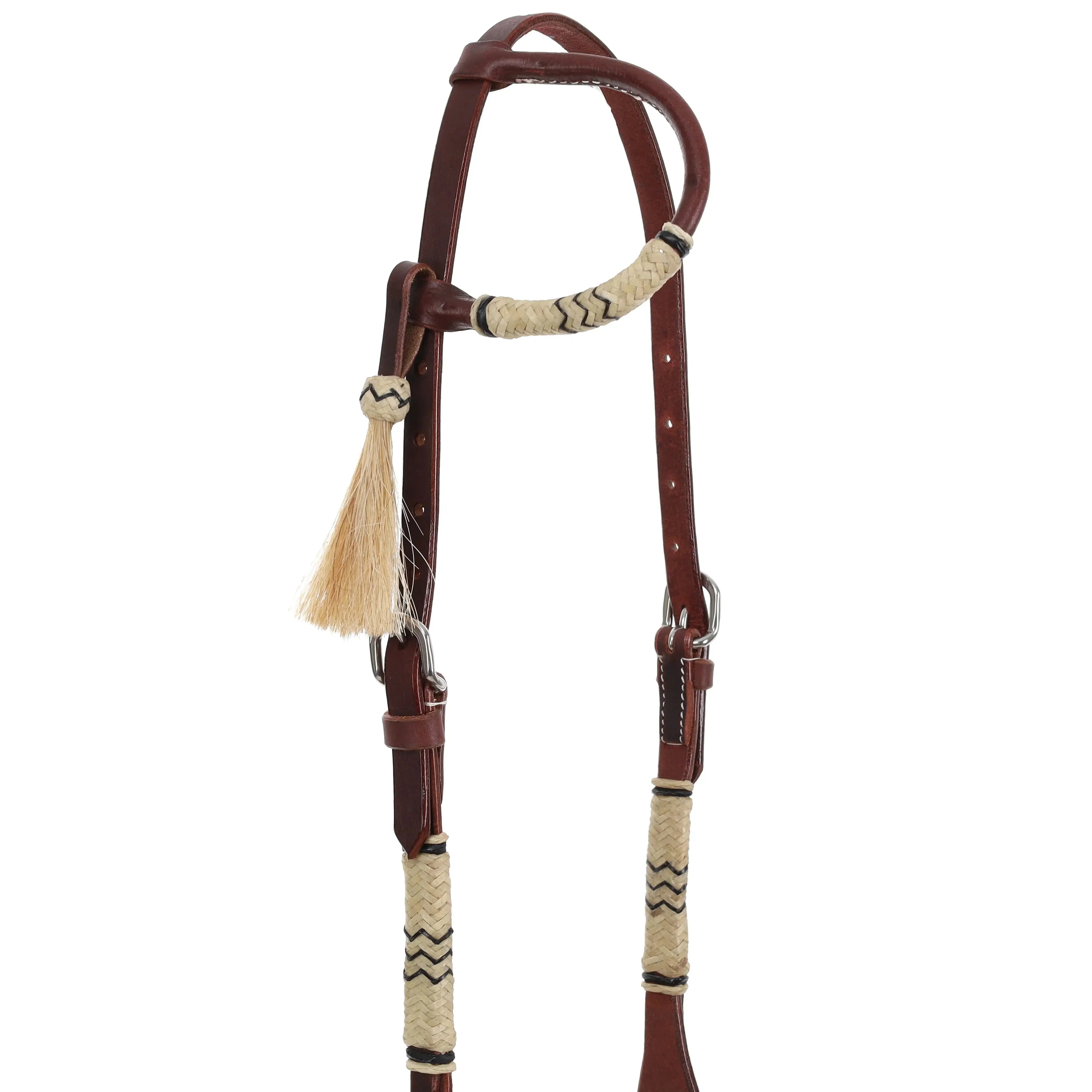 Argentina Cow Leather Classic Rawhide One Ear Headstall, brown with cream braids