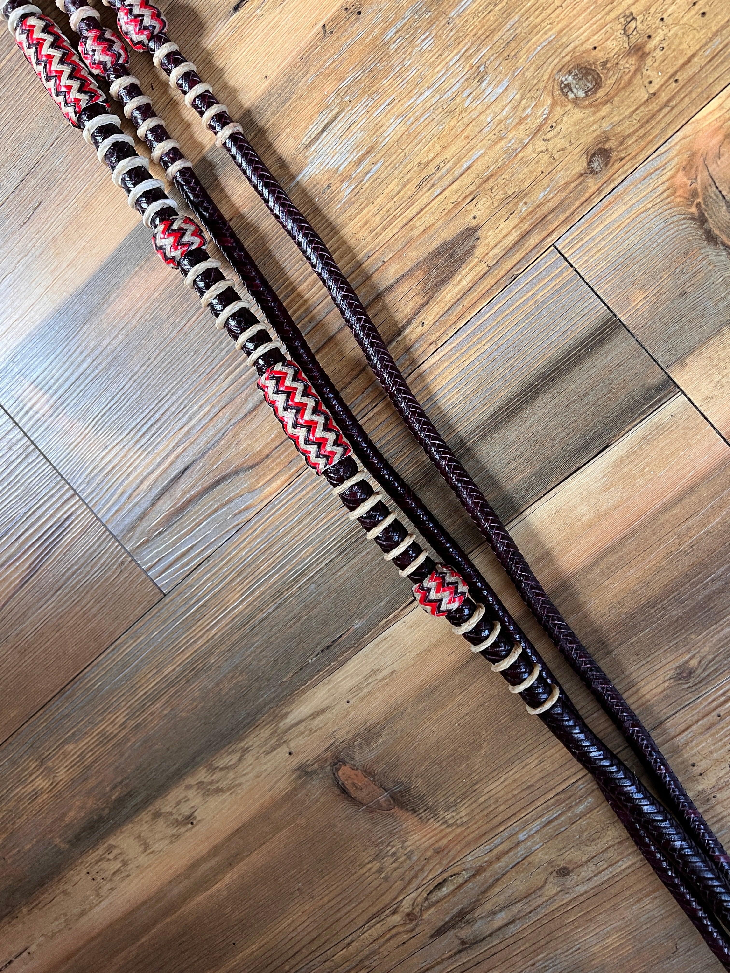 Black and red 20-plait romal reins California style dark cherry 55 inches