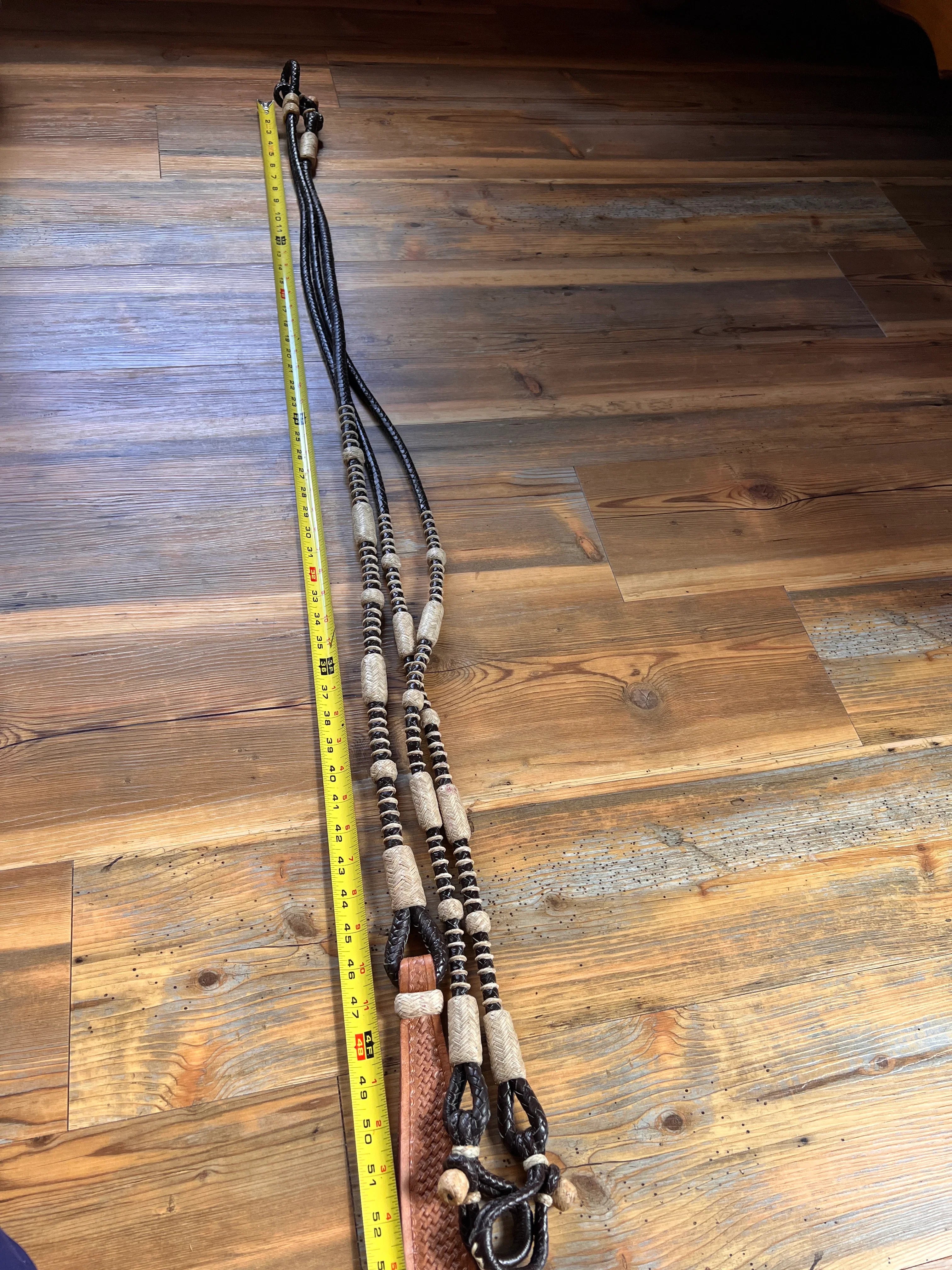 Black and beige 10-plait braided romal reins with wooden beads, 55 inches