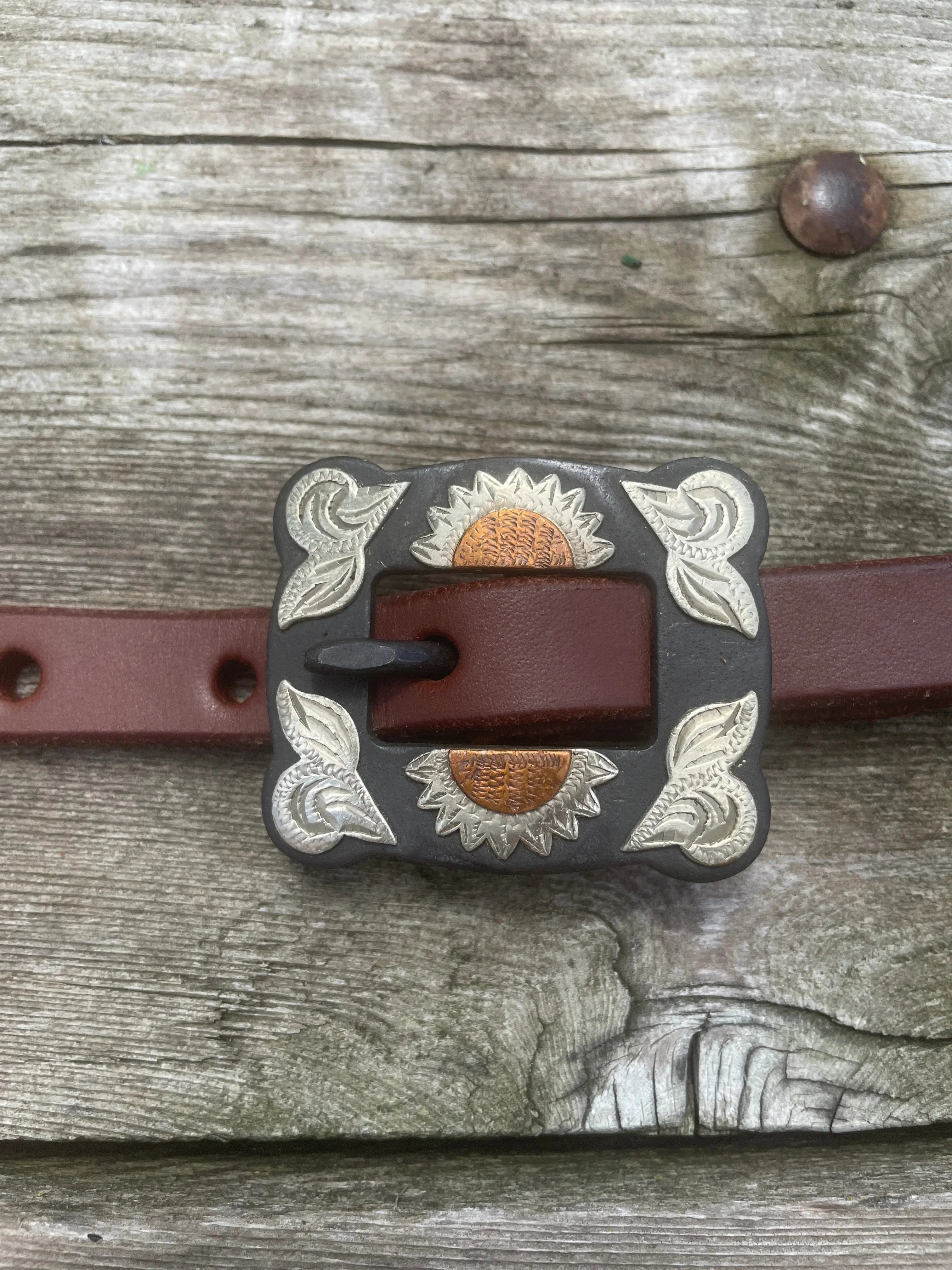 Oiled Harness Single Ear Headstall With Antique Sunflower Buckle Horse