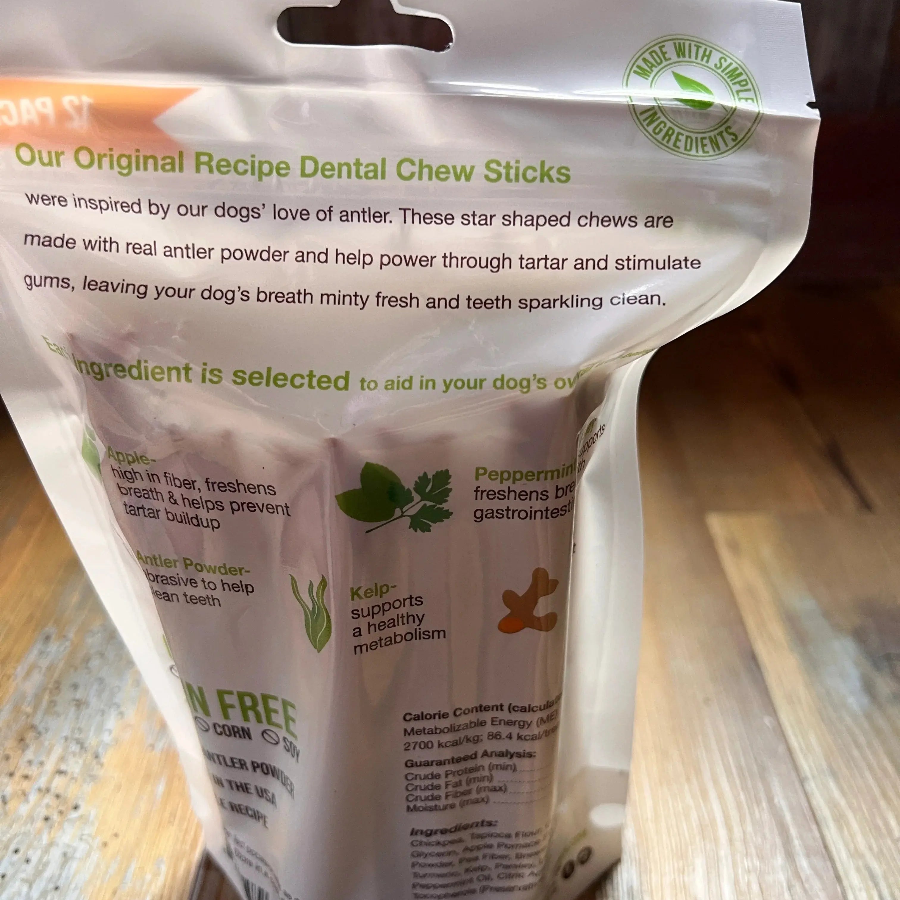 Grain Free Dental Chews 12 Pack, made with Antler Powder, Peppermint and Apple dog chew