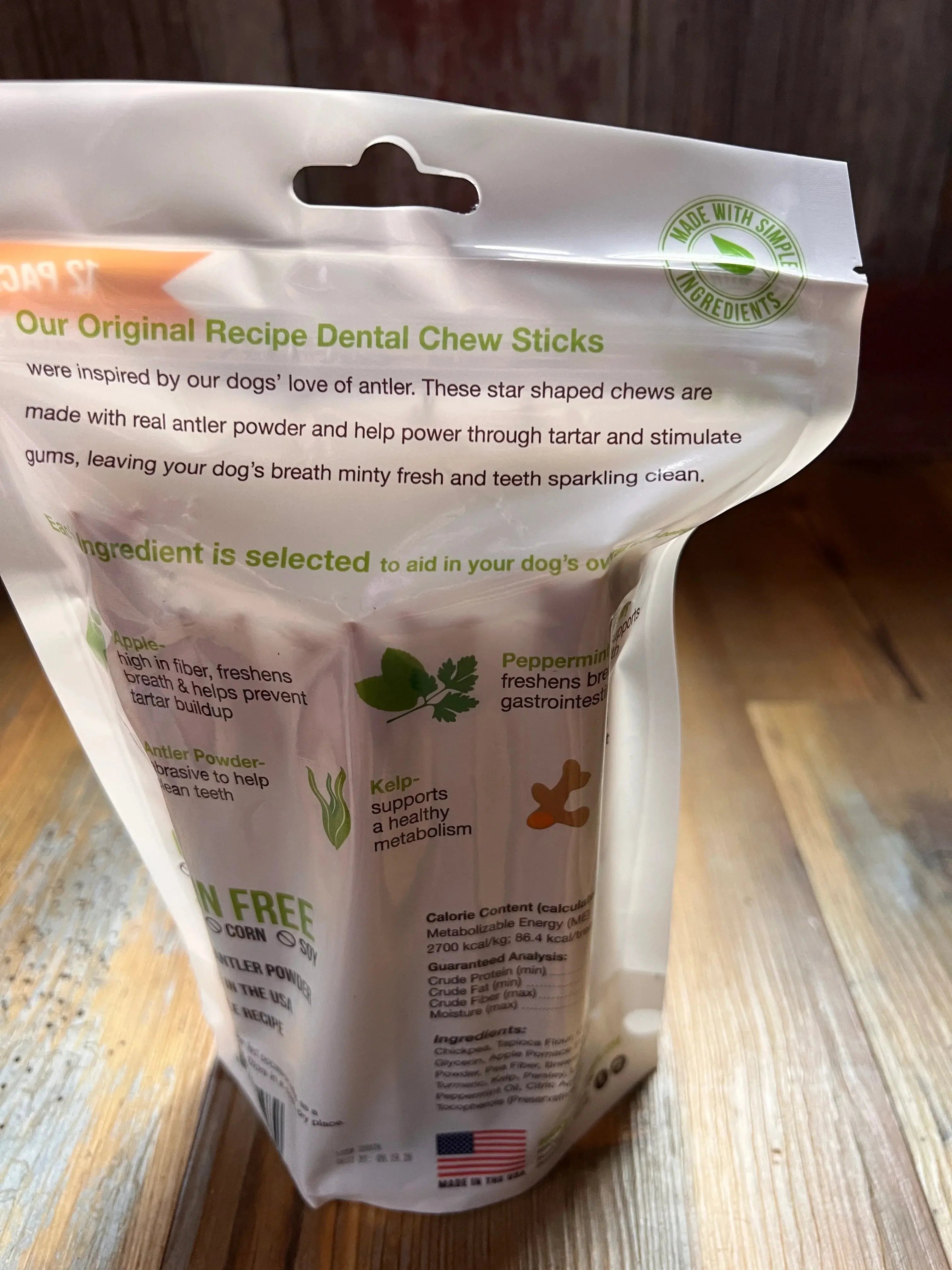 Grain Free Dental Chews 12 Pack, made with Antler Powder, Peppermint and Apple dog chew