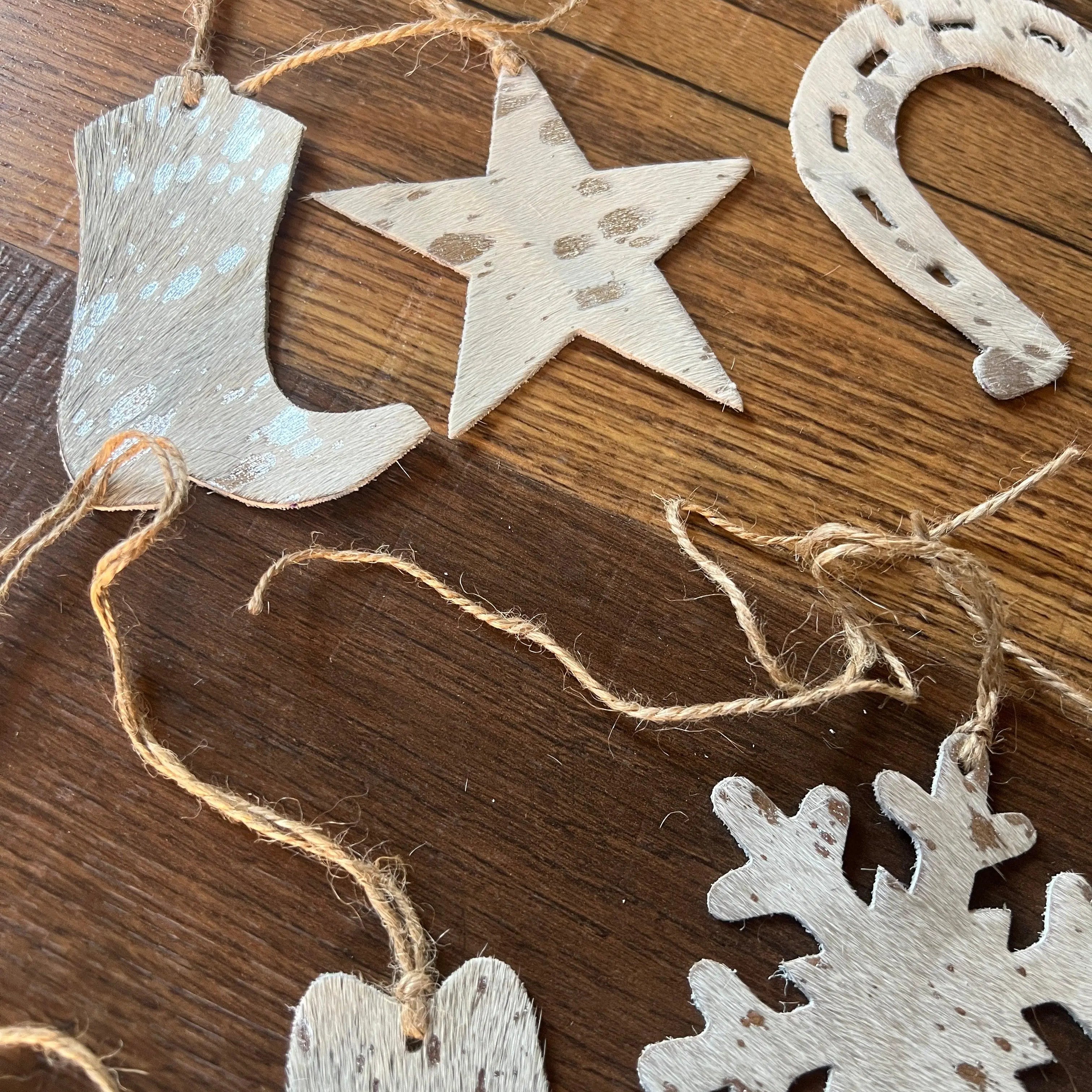 Silver/BROWN ACID WASH Leather Cowhide Christmas Ornament