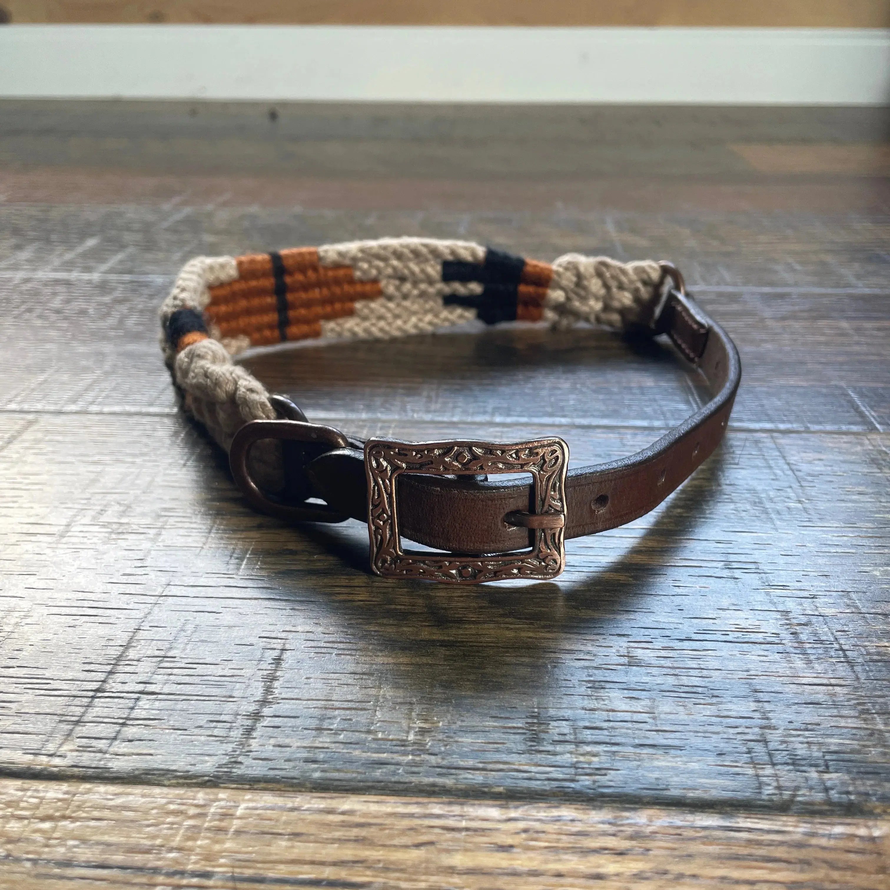 Corded Leather Dog Collar - Tan/Black Dog