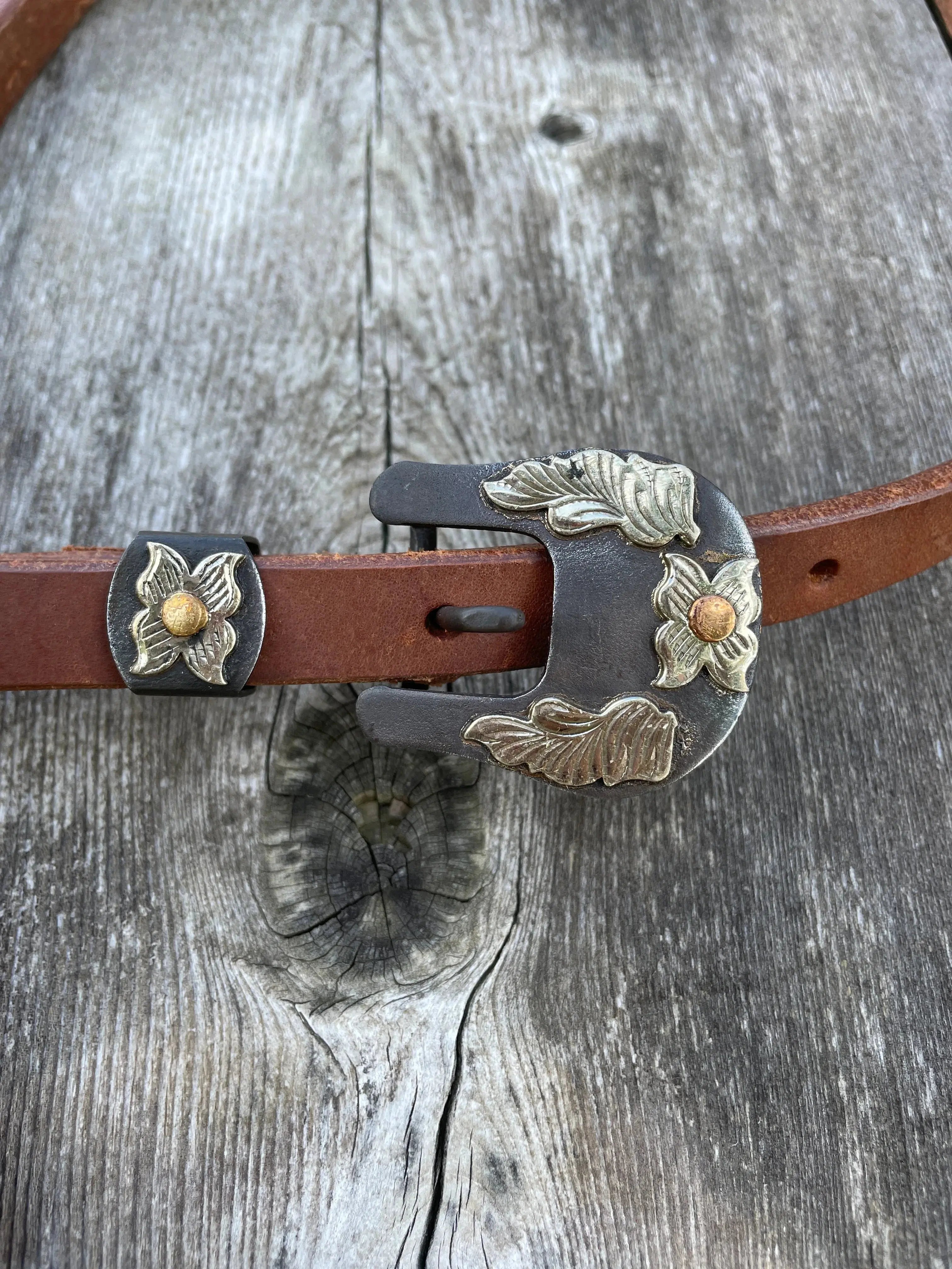 Argentina Cow Leather One Ear Headstall with Floral Overlayed Buckle Horse