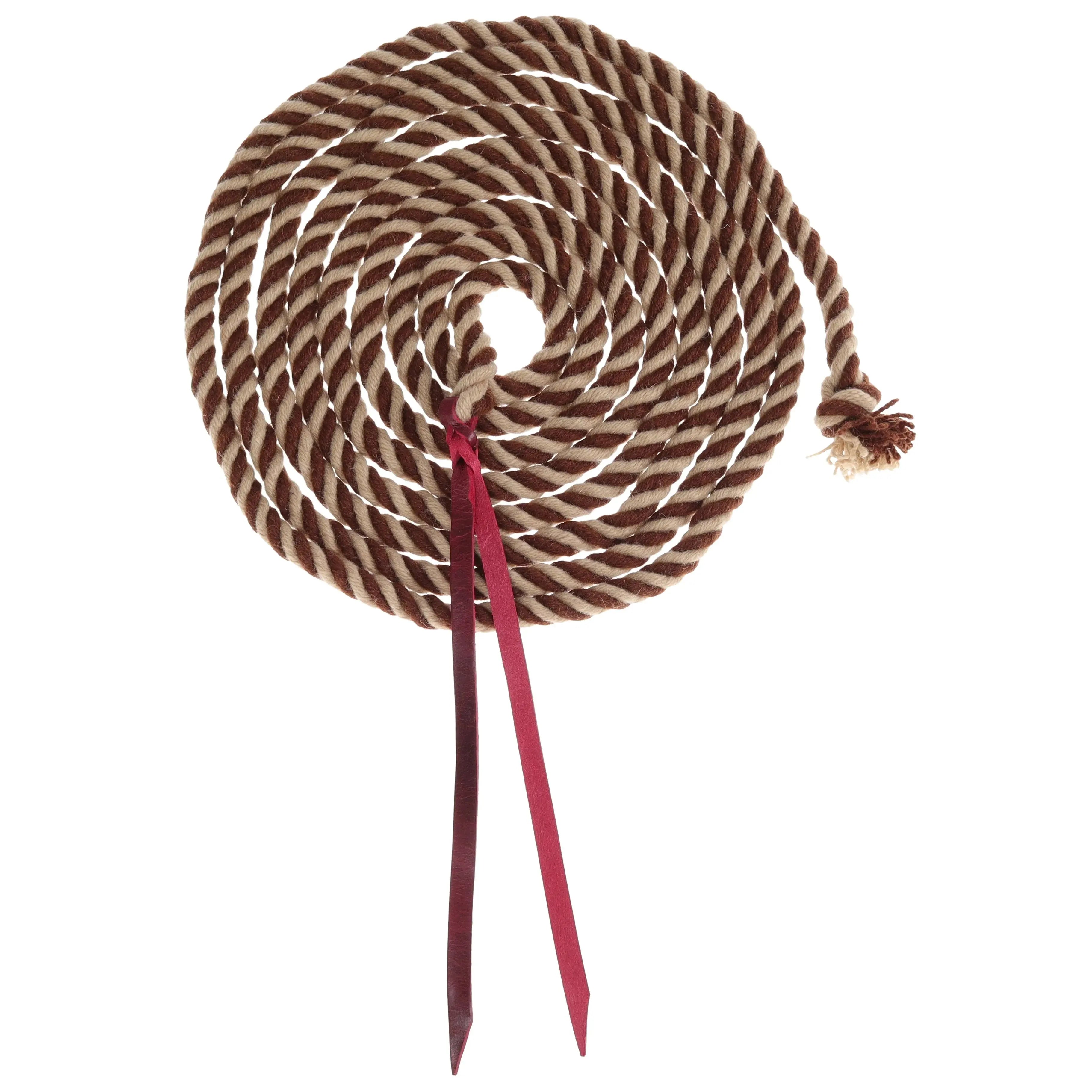 Rustic Mocha Mohair Mecate Reins with coiled brown beige stripes and red ribbon