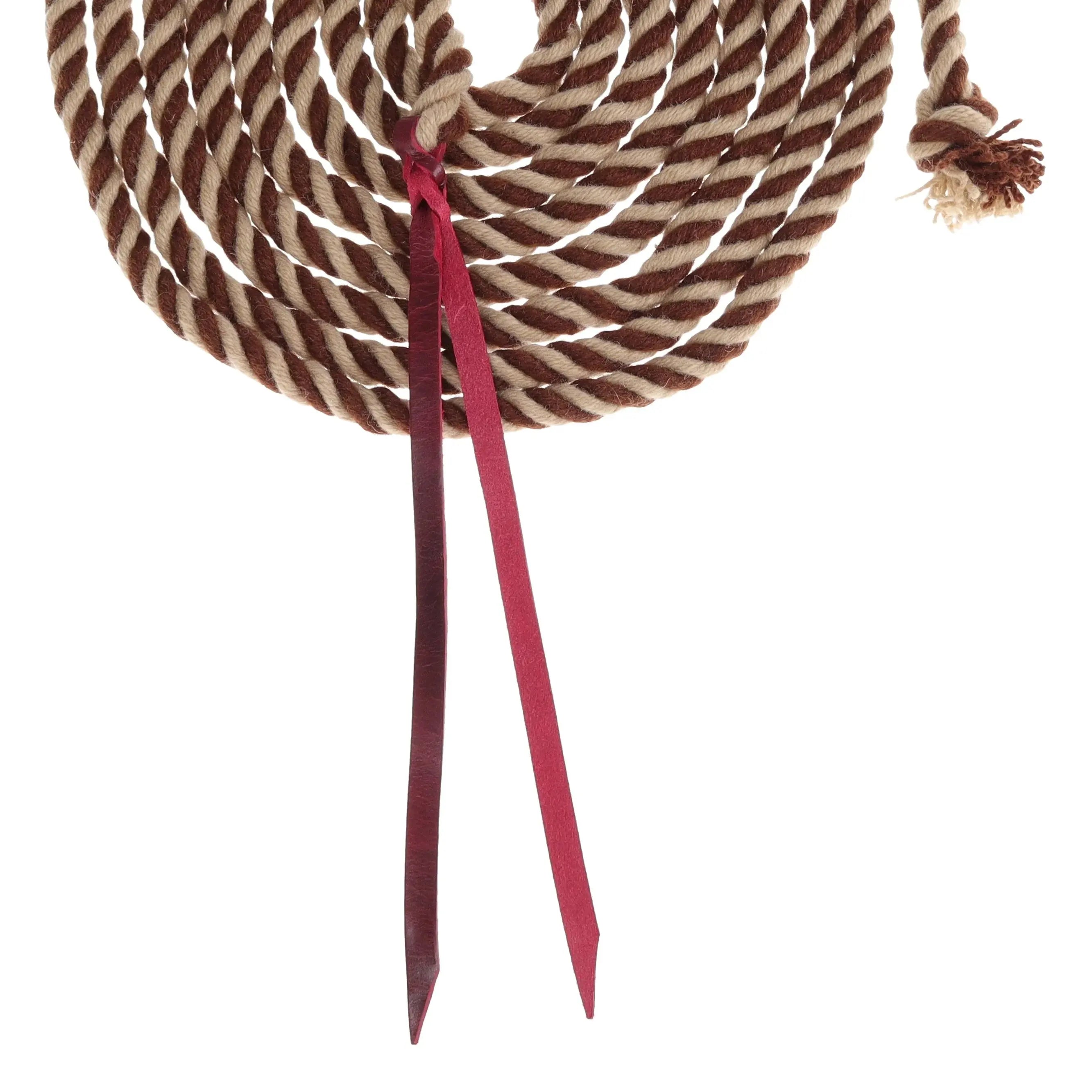 Rustic mocha mohair mecate reins 22 ft brown cream twisted lasso red loop