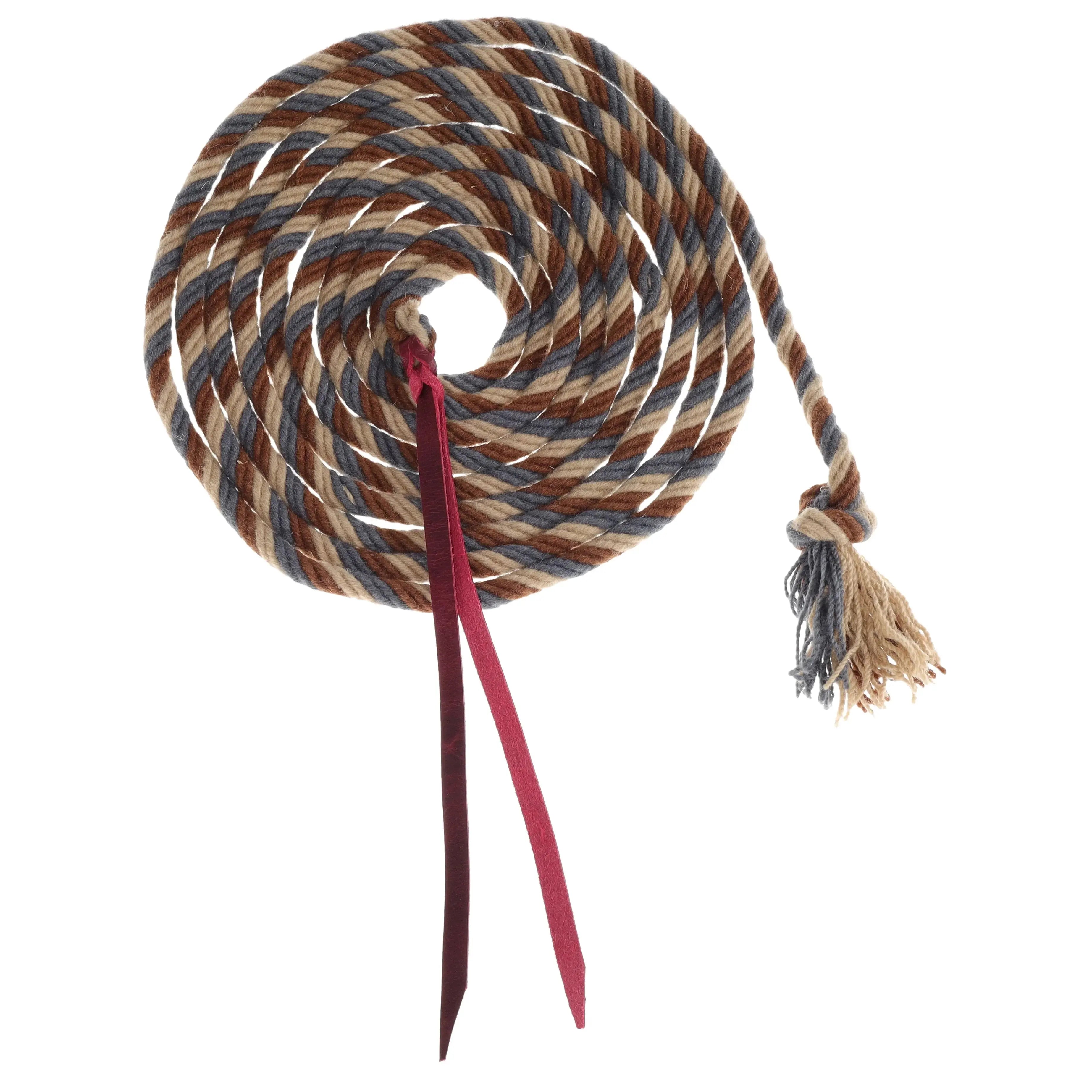Dust & Denim 22 ft Mohair Mecate Reins with coiled braided rope and red leather strips