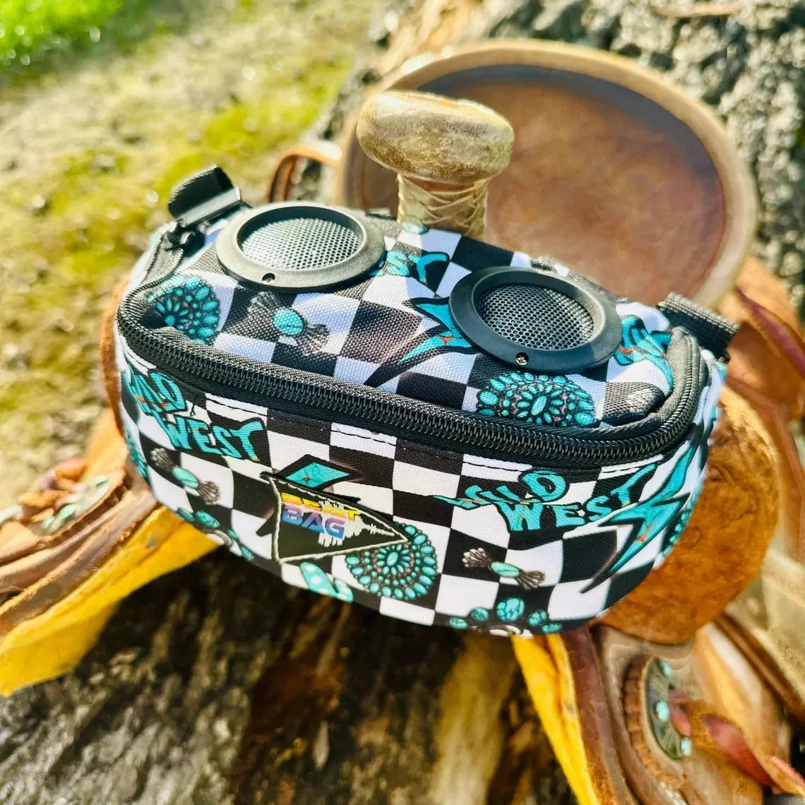 The BEAT BAG black teal checkered fanny pack with Wild West embroidery