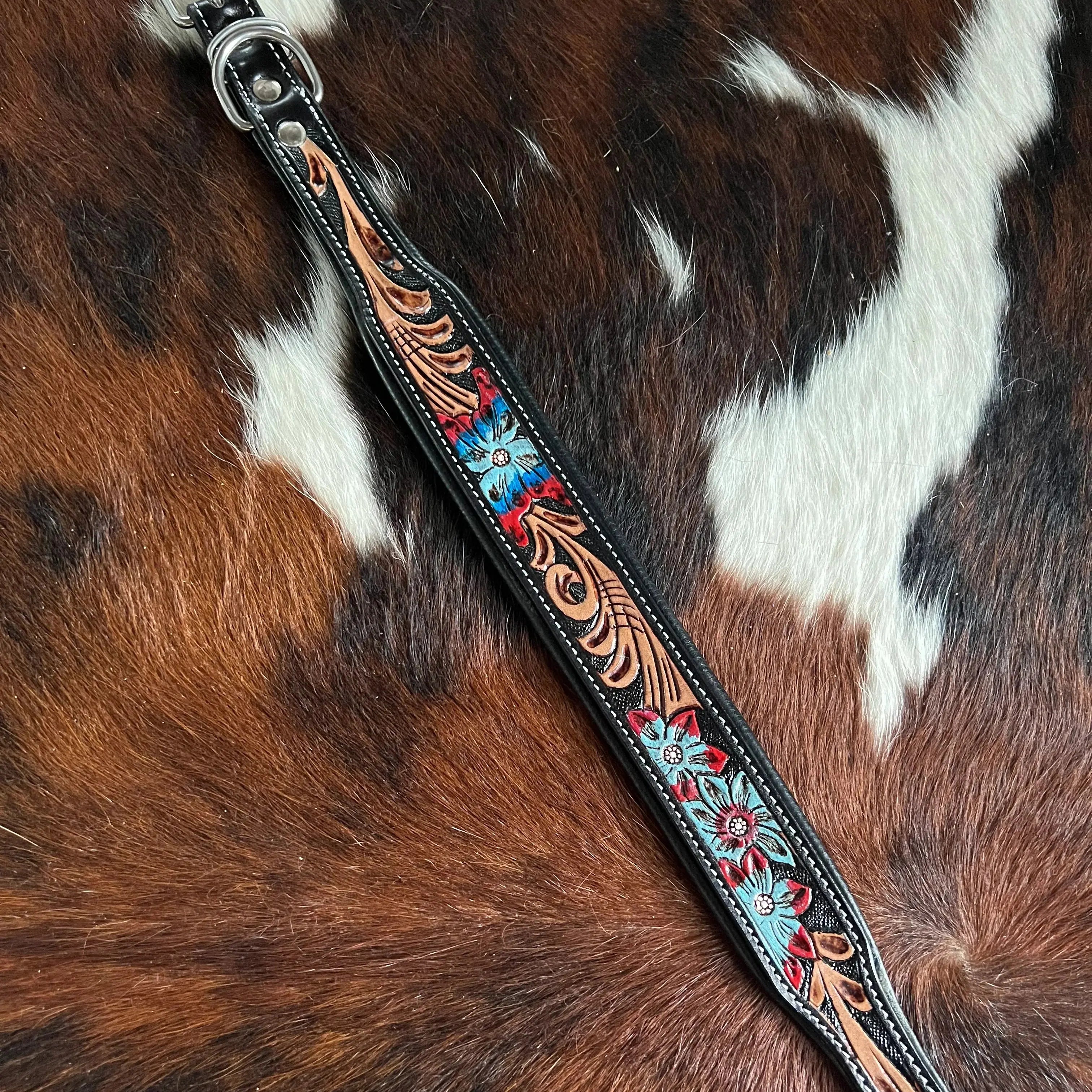 Handcrafted Padded Leather Tooled Dog Collar Blue/Red flowers Large Dog