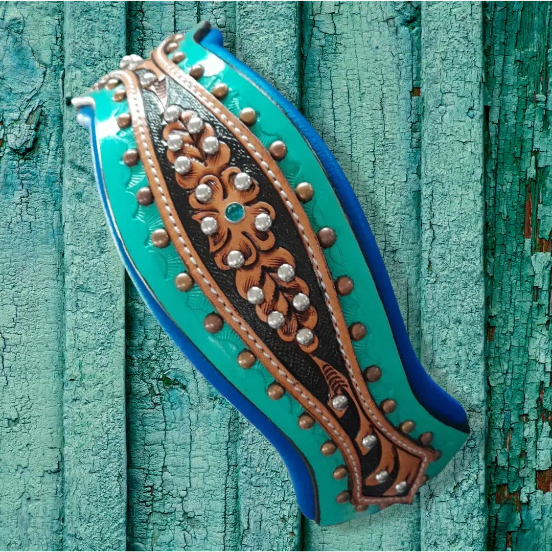 Turquoise Scalloped Western Tooled Leather Dog Collar Dog