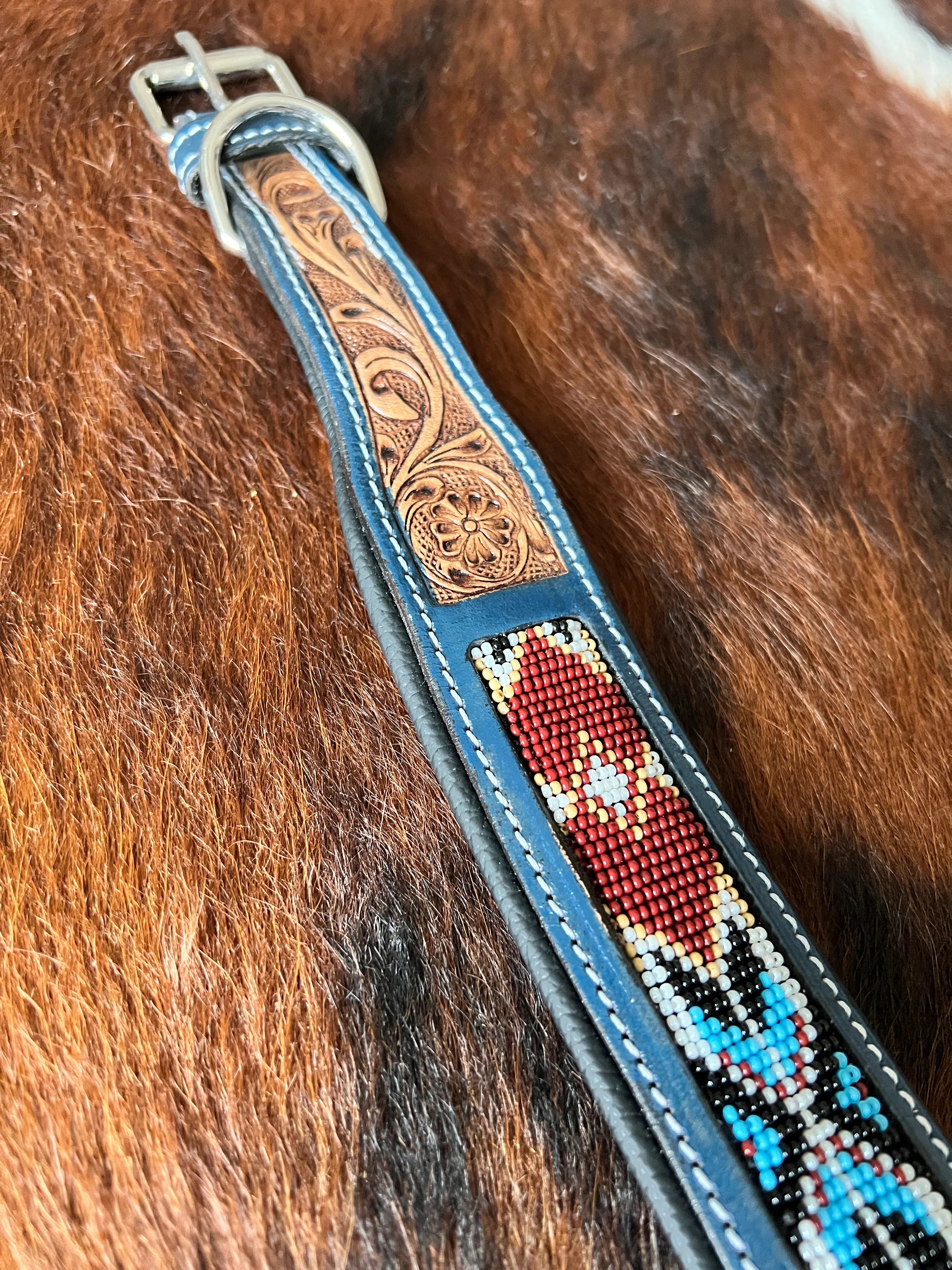 Running Free Beaded Heritage Dog Collar In Brown Dog close up