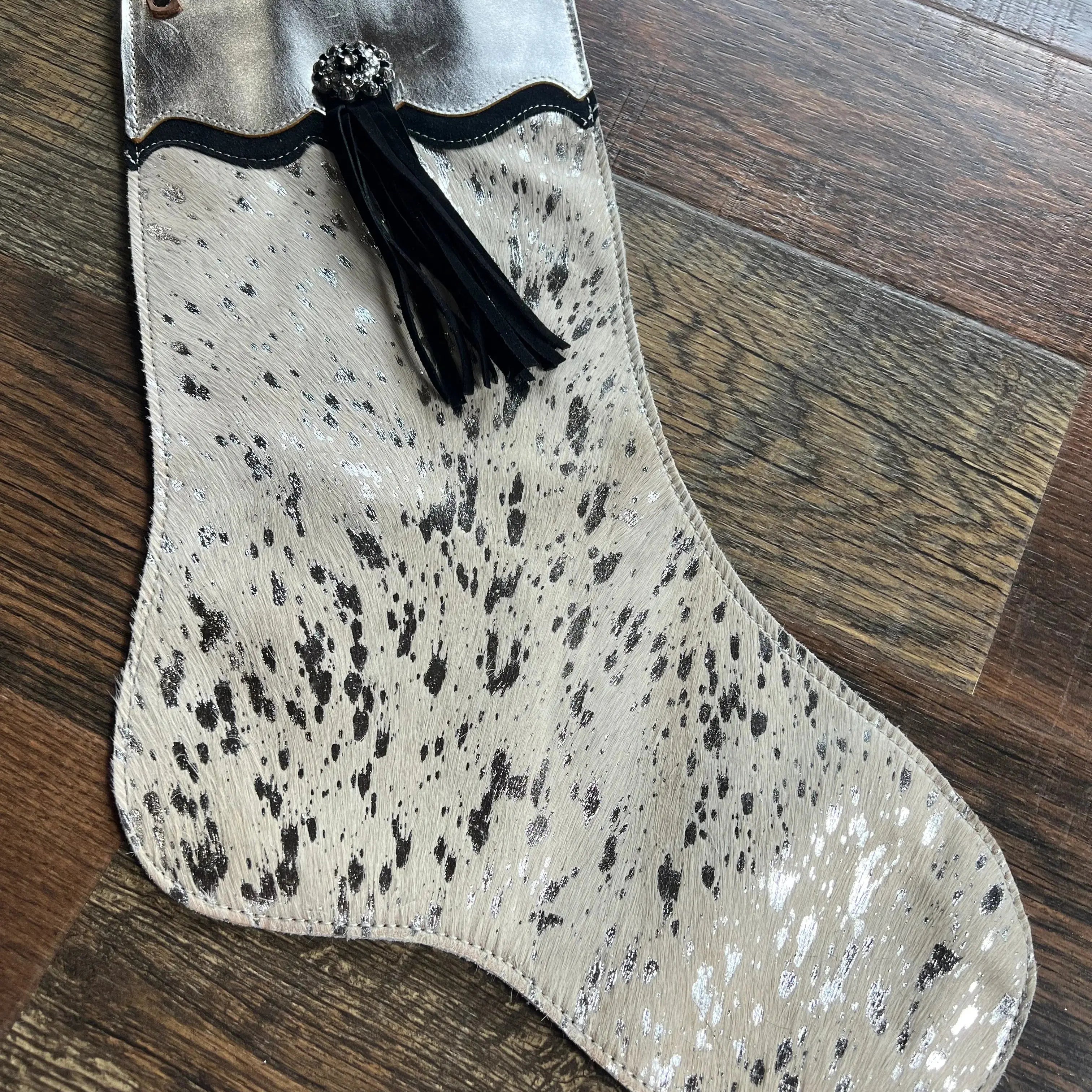 Silver Acid Wash Cowhide Leather Christmas Stocking