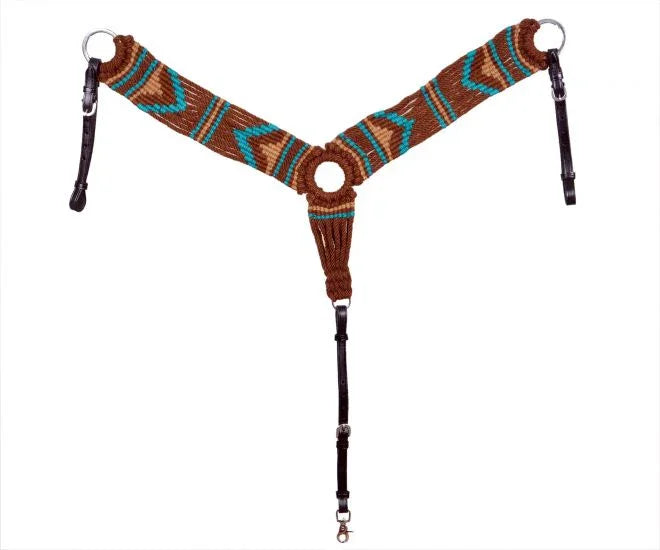 Brown teal patterned woven horse halter with black leather straps