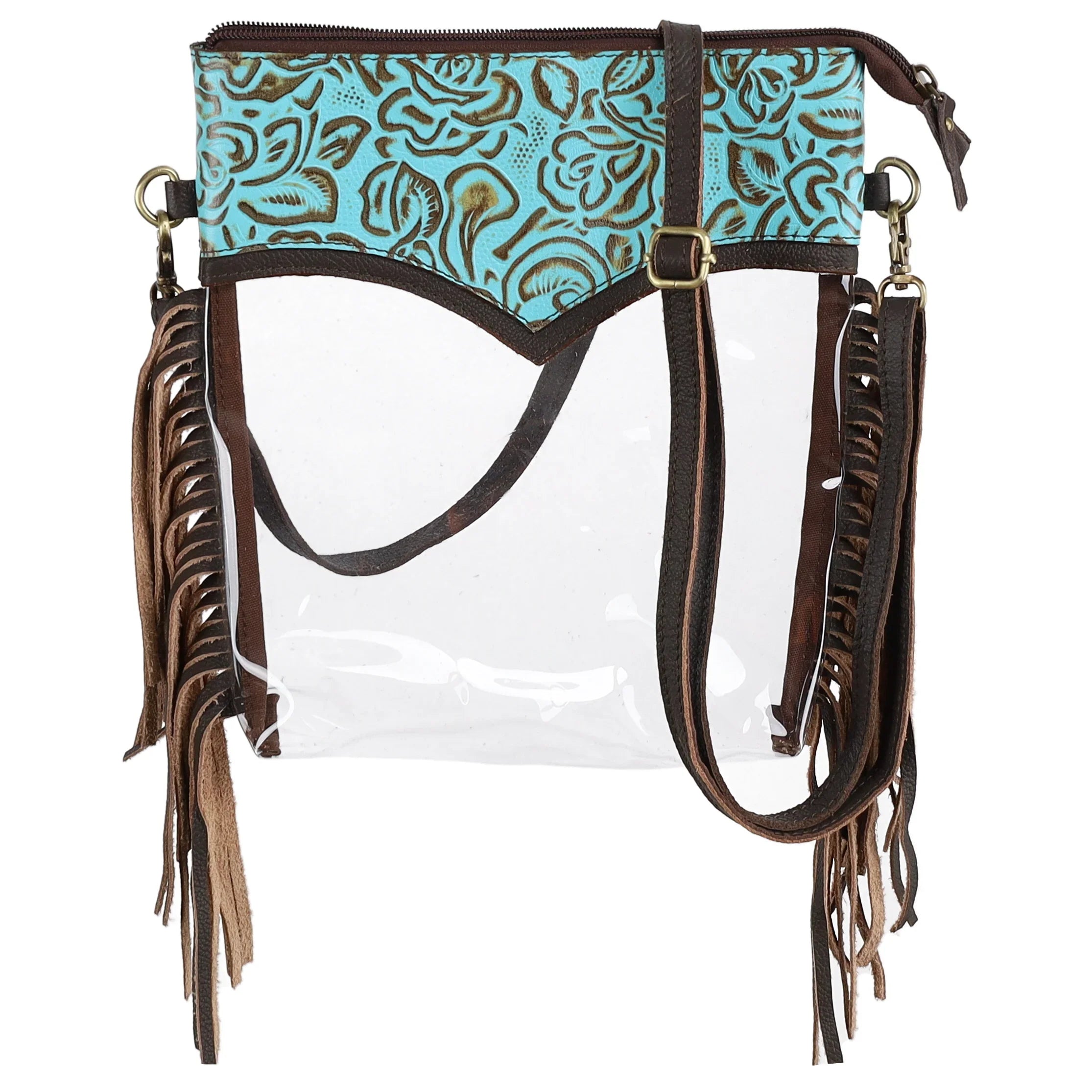 Teal Rose Clear Crossbody Bag with turquoise leather, floral embossing, clear vinyl and fringed straps