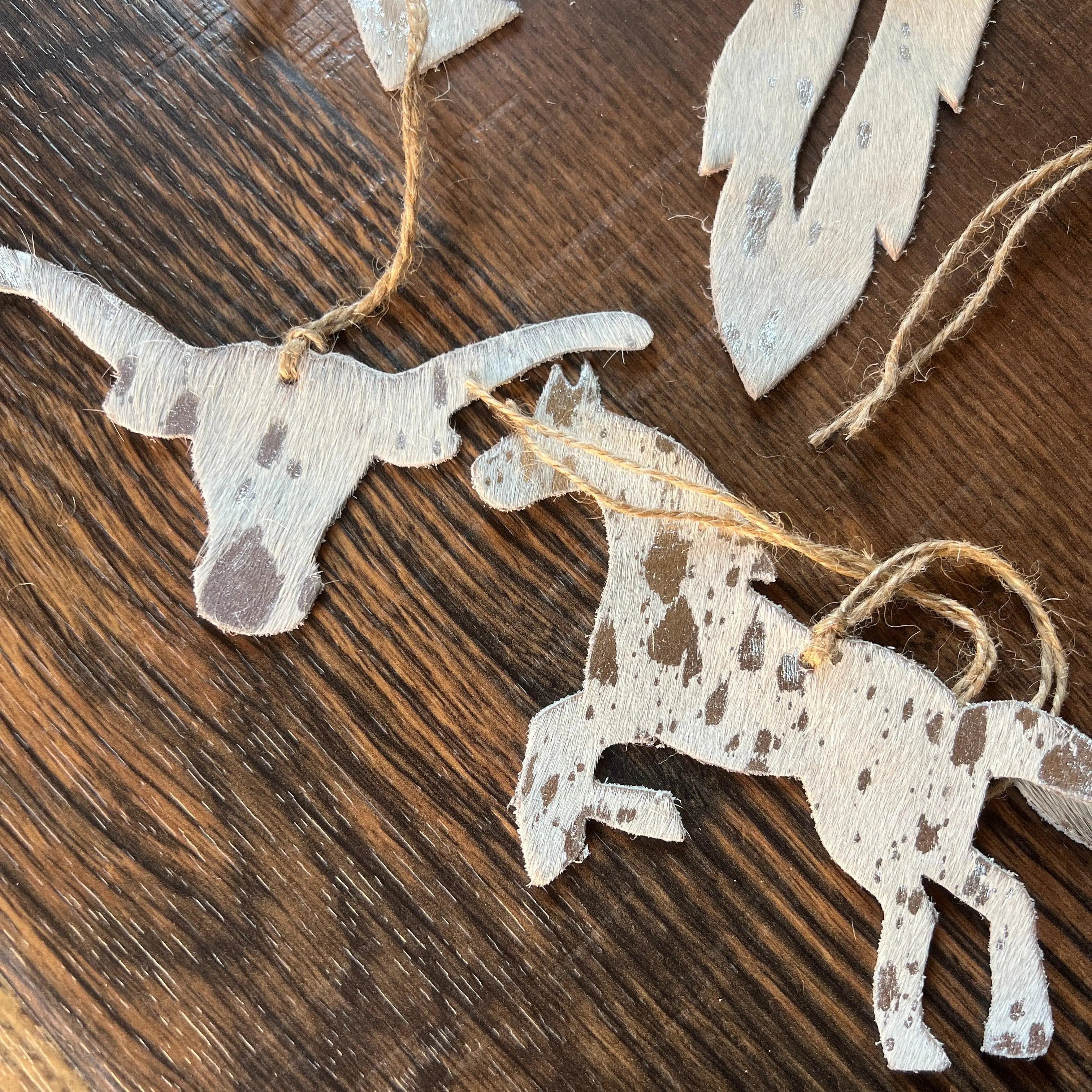 Silver/BROWN ACID WASH Leather Cowhide Christmas Ornament
